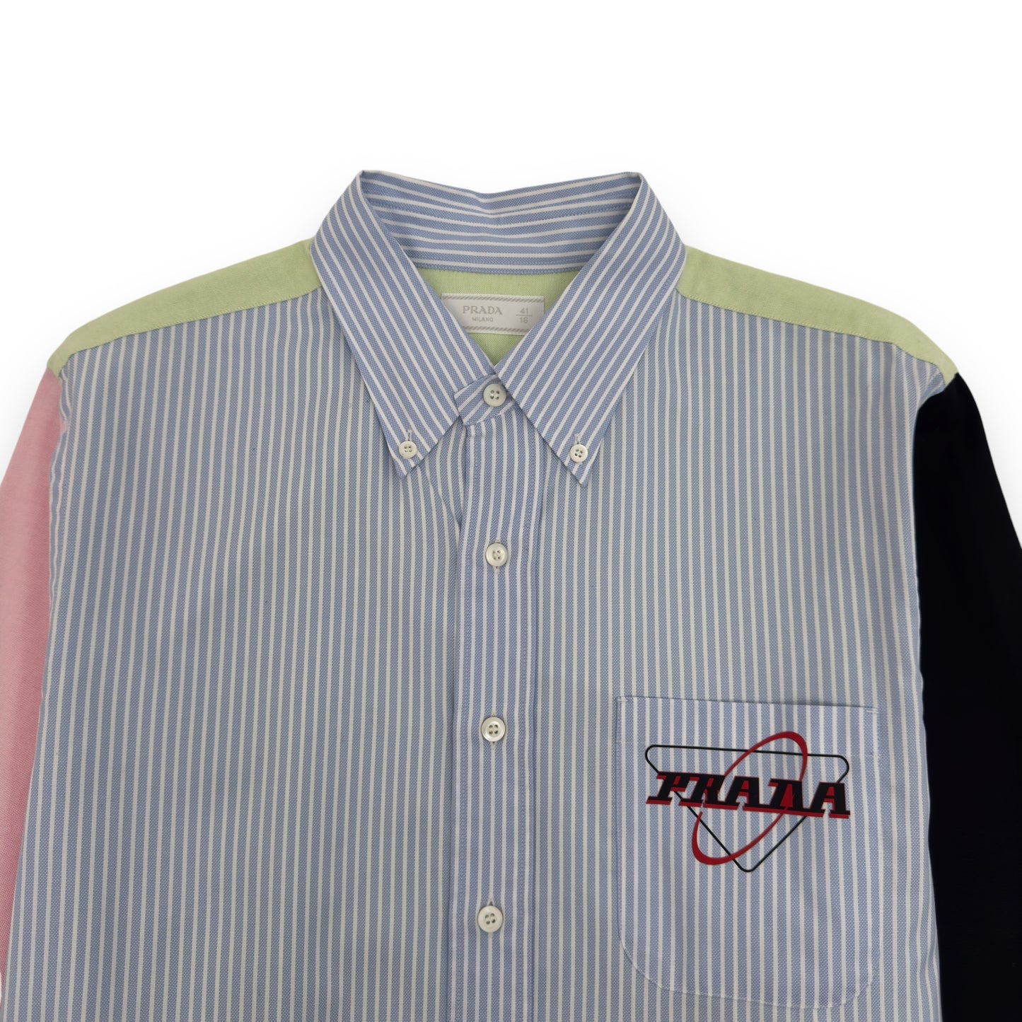 PRADA COLOURBLOCKED STRIPED SHIRT BLUE / BLACK / PINK / GREEN XL