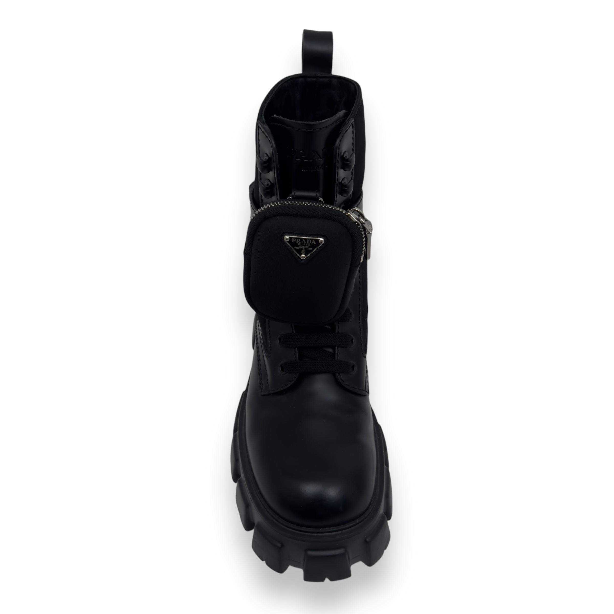 PRADA MONOLITH BRUSHED LEATHER AND RE-NYLON  LACE-UP BLACK BOOTS UK6