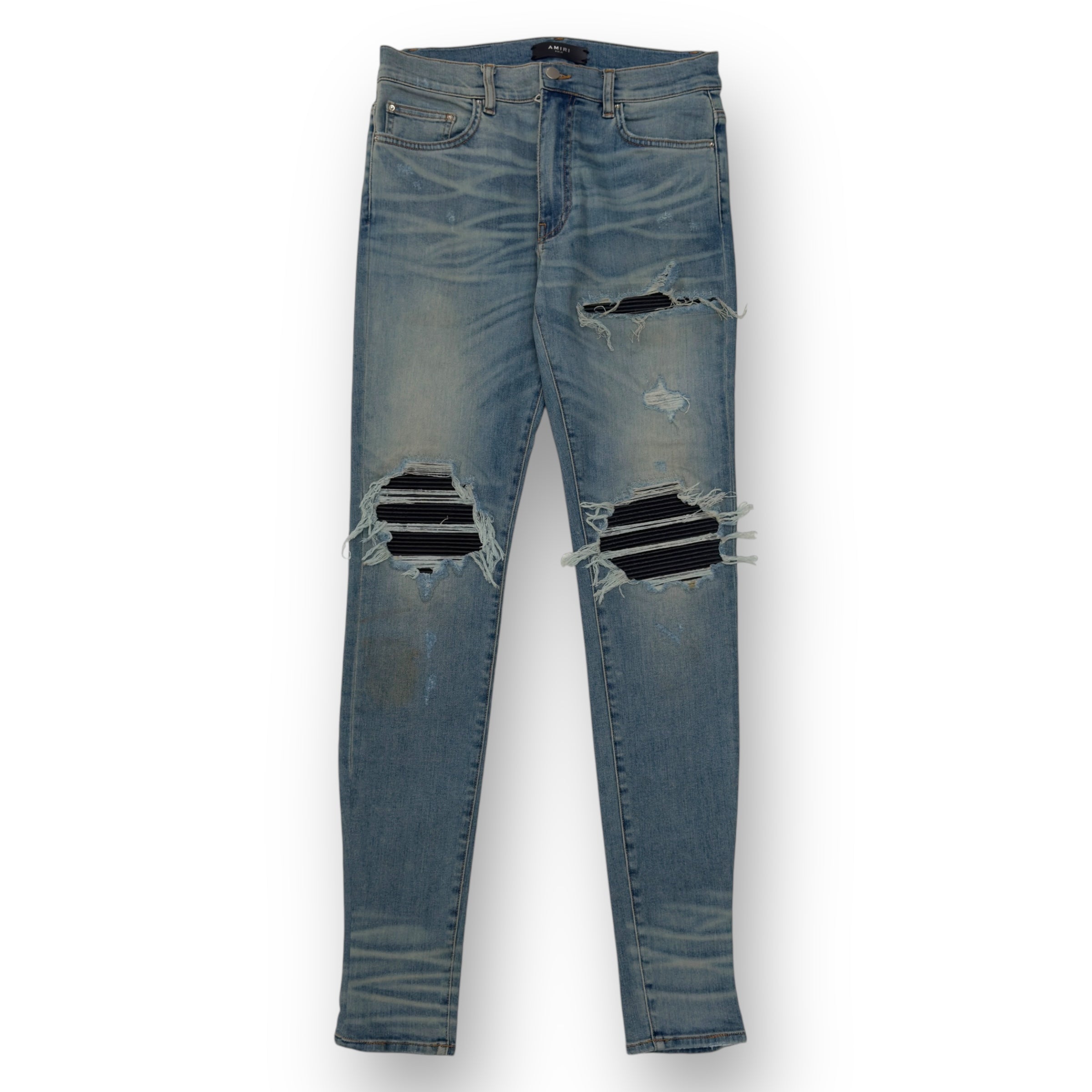 AMIRI MX1 SKINNY FIT LEATHER PATCH DENIM JEANS BLUE / BLACK W32