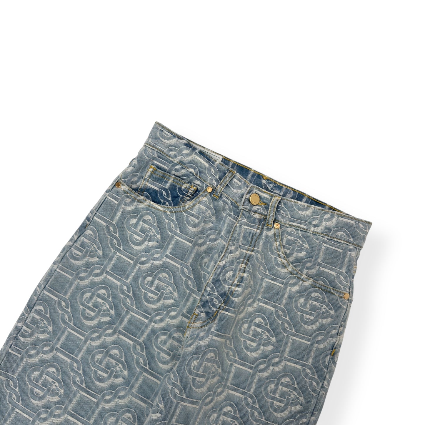 CASABLANCA BLEACHED MONOGRAM STRAIGHT-LEG DENIM JEANS BLUE W26”