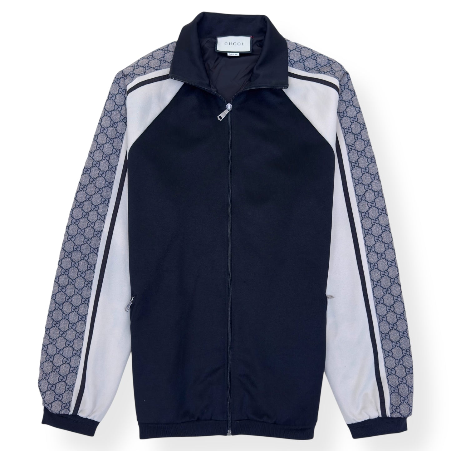 GUCCI OVERSIZE TECHNICAL JERSEY ZIP TRACK JACKET BLACK / WHITE S
