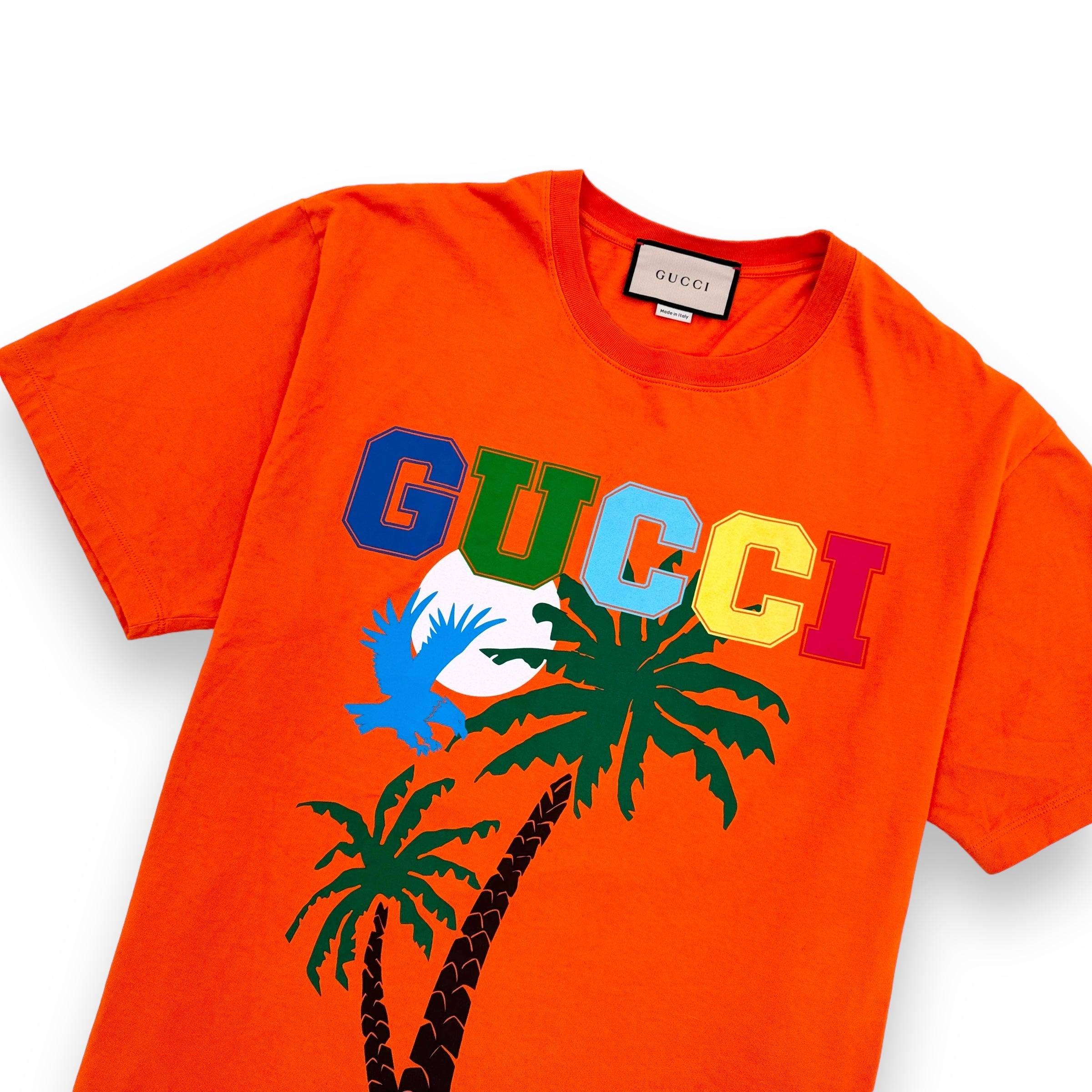 GUCCI COTTON PALM TREE PRINT T-SHIRT ORANGE L
