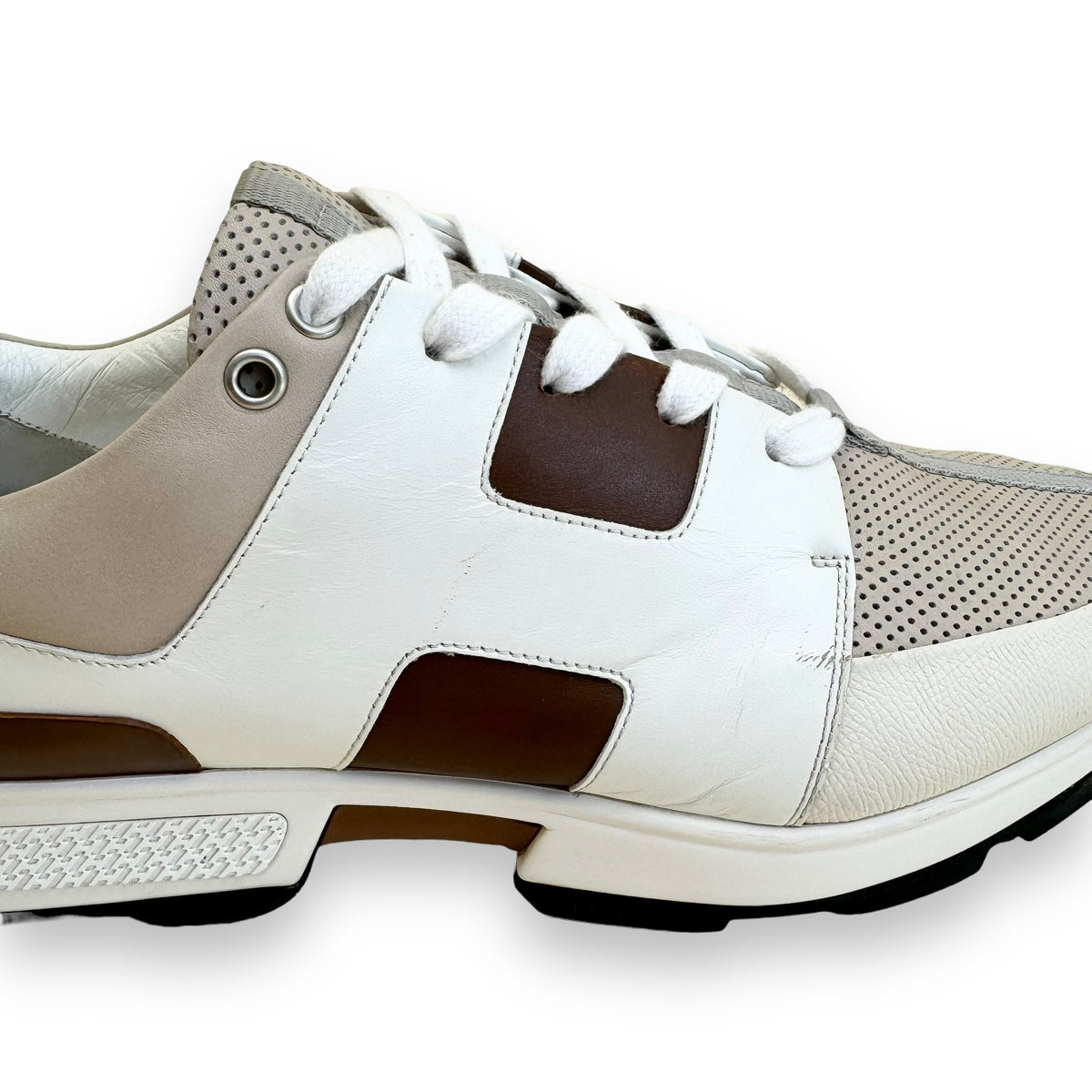 HERMES LEATHER MATCH RUNNER SNEAKER WHITE / TAN UK9.5