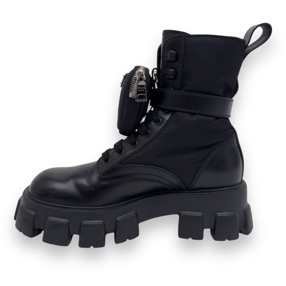 PRADA MONOLITH BRUSHED LEATHER AND RE-NYLON  LACE-UP BLACK BOOTS UK6