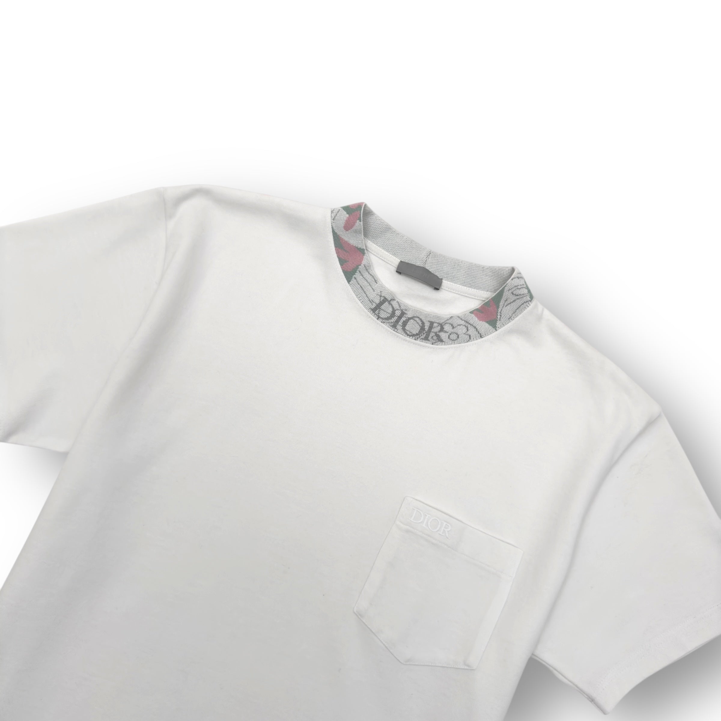 DIOR EMBROIDERED LOGO MOTIF NECK COTTON T-SHIRT L