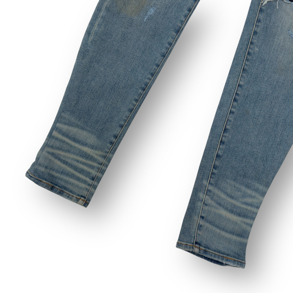 AMIRI MX1 SKINNY FIT LEATHER PATCH DENIM JEANS BLUE / BLACK W32