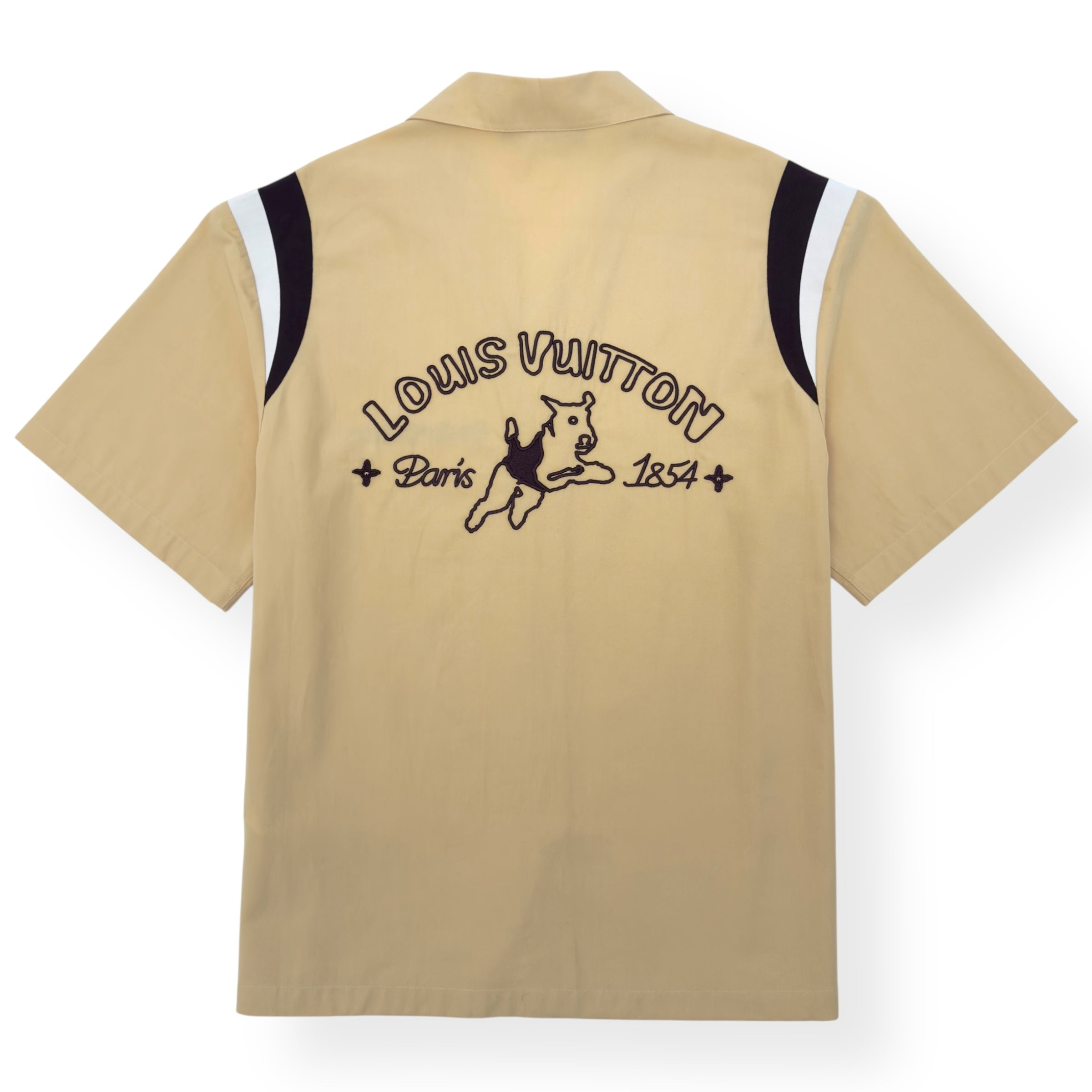 LOUIS VUITTON SHORT-SLEEVE ‘JUMPING DOG’ EMBROIDERED COTTON BOWLING SHIRT SAND XXL