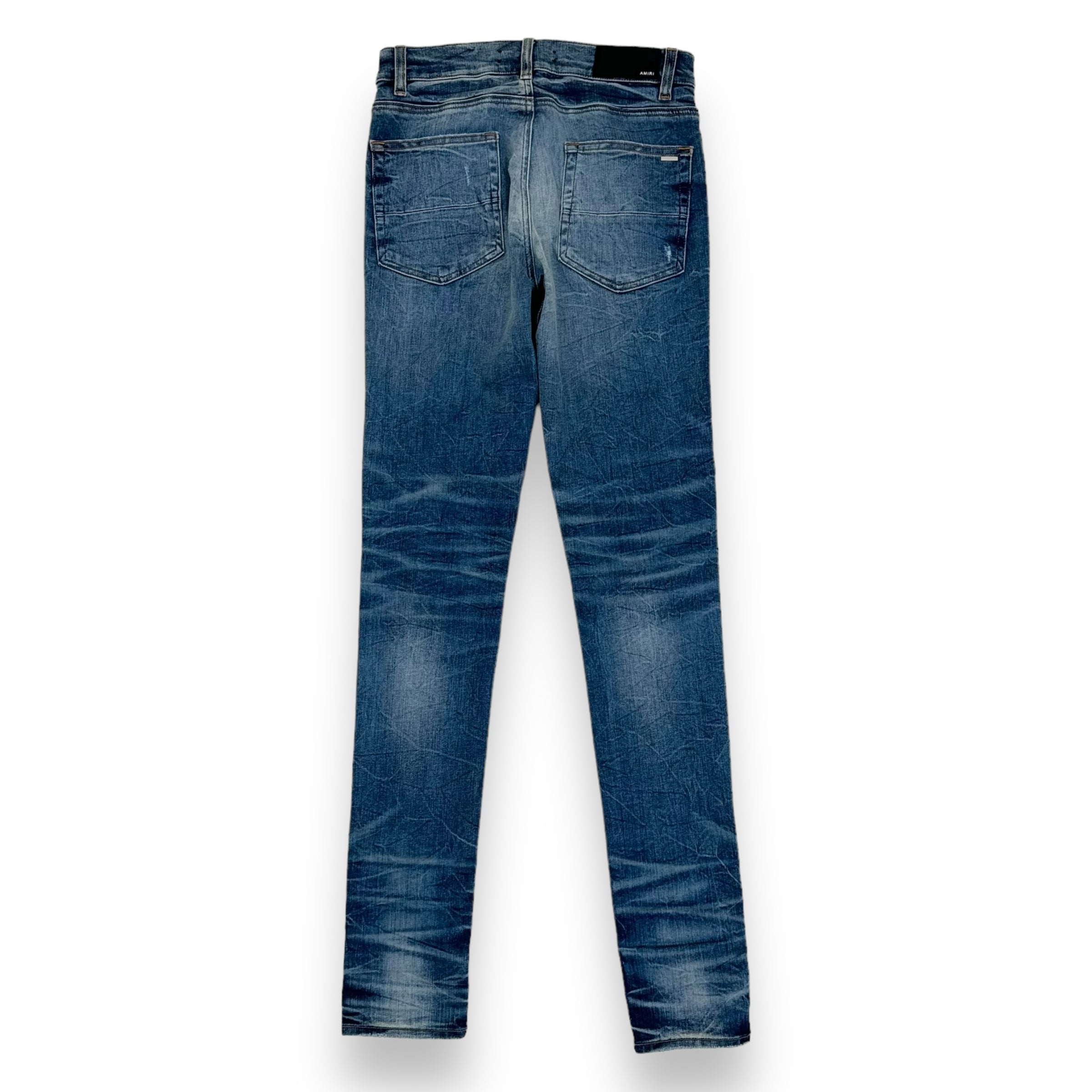 AMIRI MX1 DISTRESSED LEATHER PATCH DENIM JEANS BLUE 30W