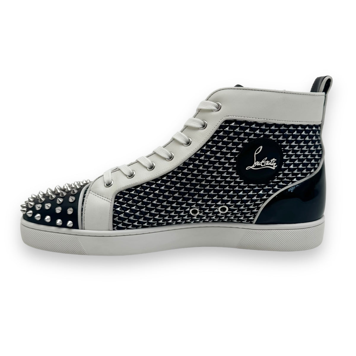 CHRISTIAN LOUBOUTIN LOUIS JUNIOR SPIKES HIGH TOP SNEAKER WHITE / NAVY UK11