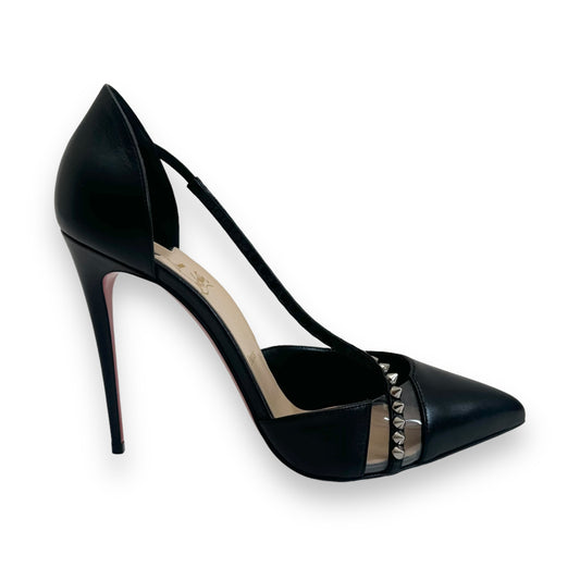 CHRISTIAN LOUBOUTIN LEATHER SPIKE CROSS HEELS BLACK UK8.5