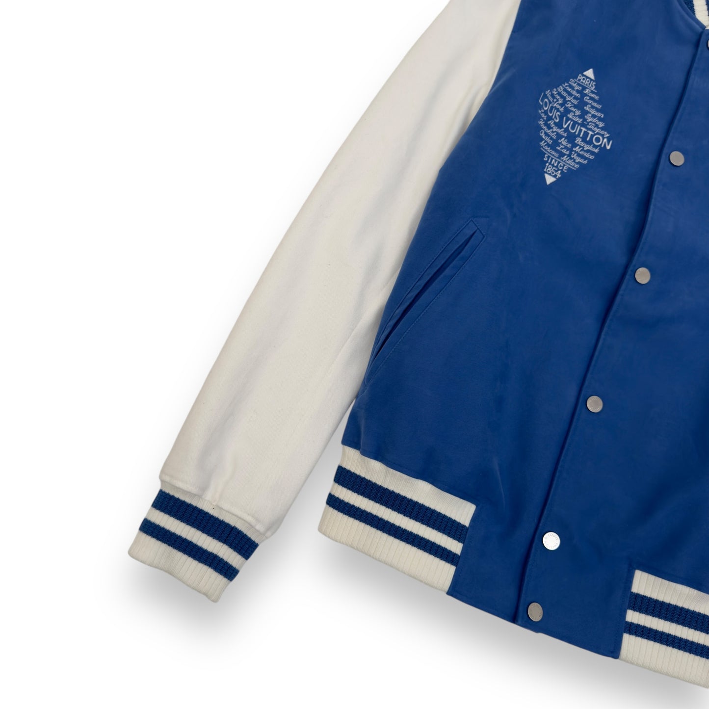 LOUIS VUITTON X FRAGMENT SS17 LV VARSITY JACKET BLUE / WHITE L