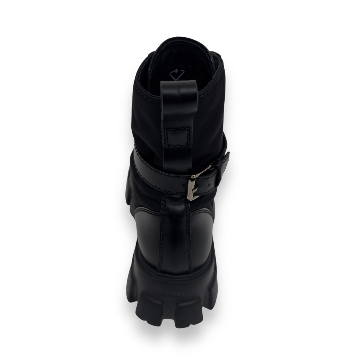 PRADA MONOLITH BRUSHED LEATHER AND RE-NYLON  LACE-UP BLACK BOOTS UK6