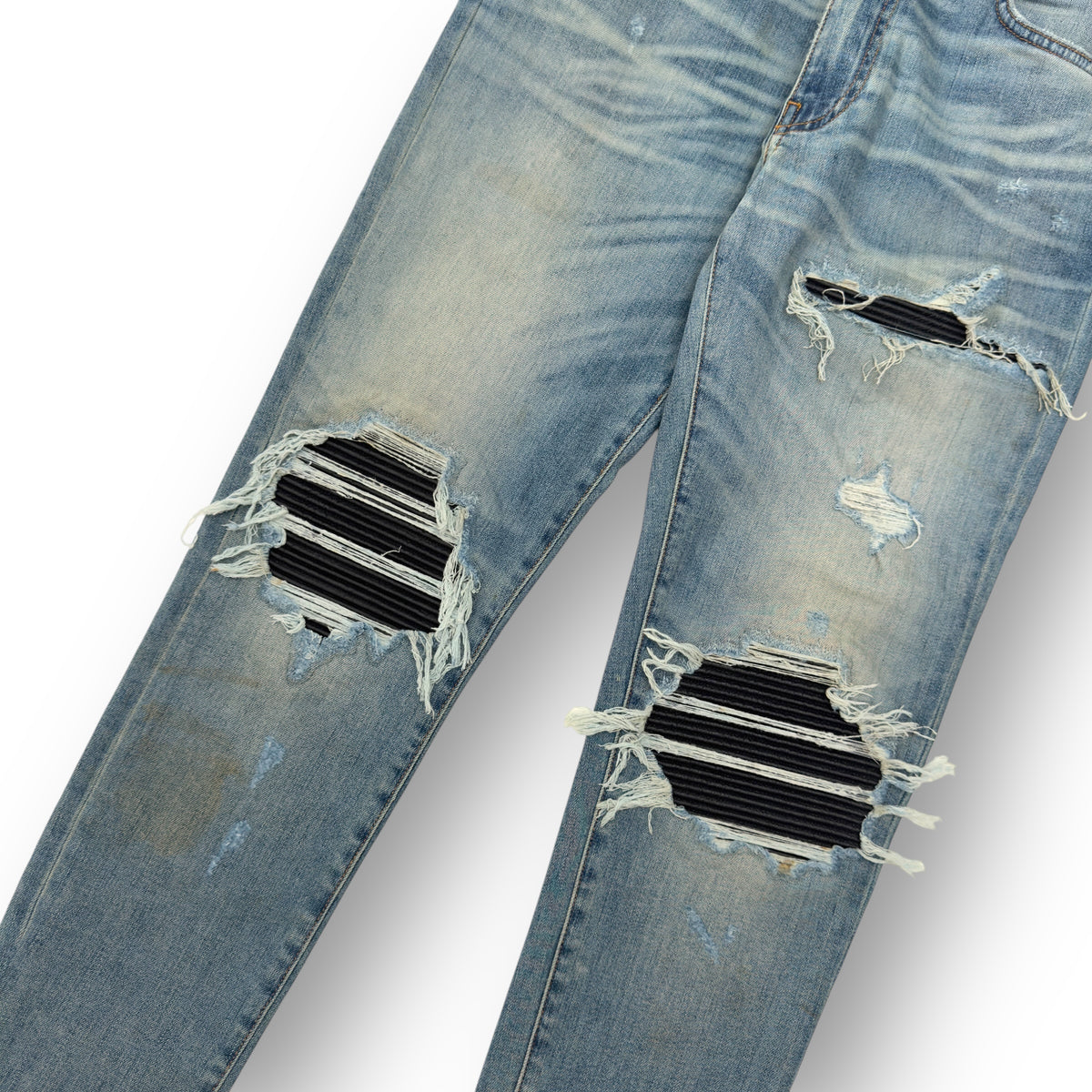 AMIRI MX1 SKINNY FIT LEATHER PATCH DENIM JEANS BLUE / BLACK W32