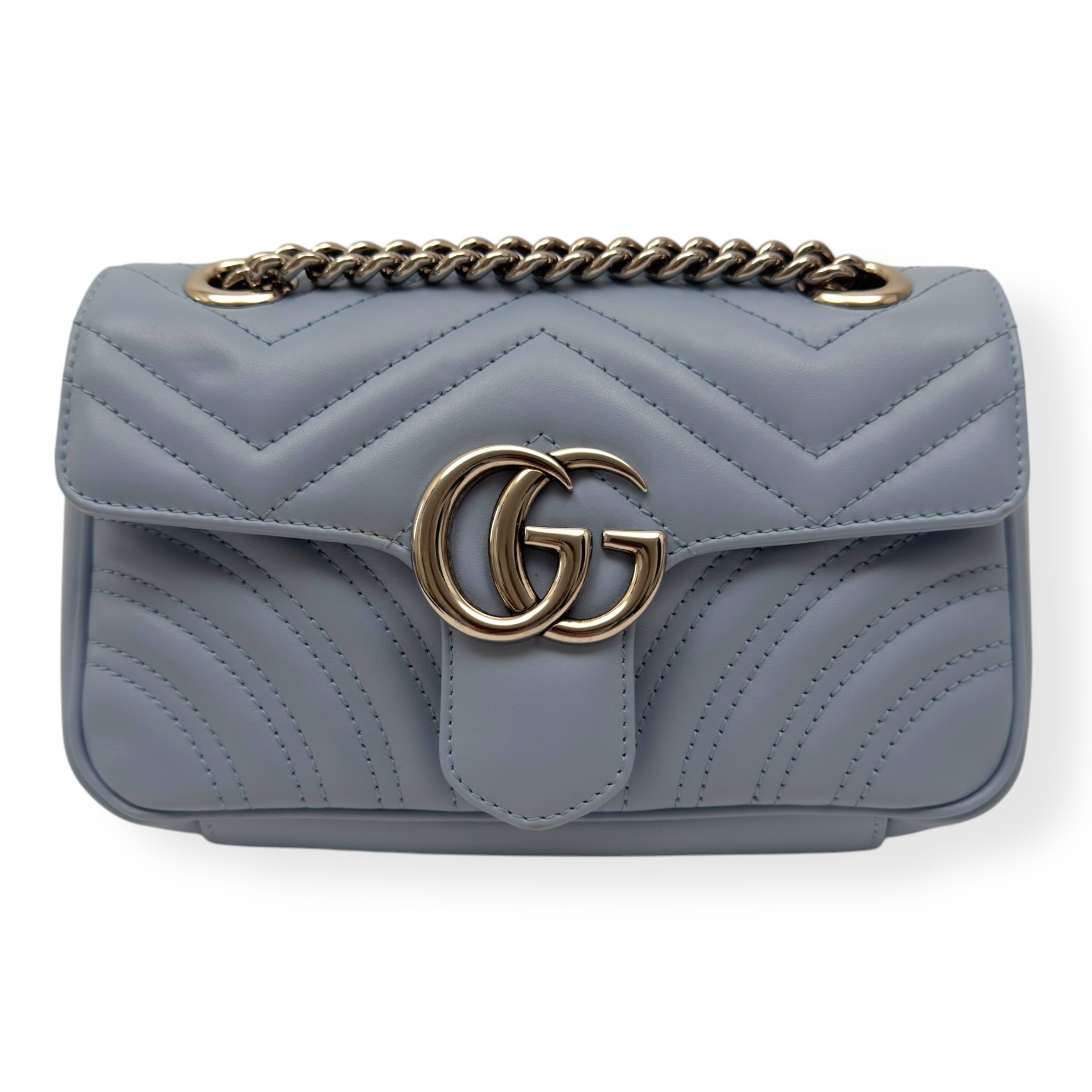 GUCCI CALFSKIN MATELASSE MINI GG MARMONT SHOULDER BAG BLUE