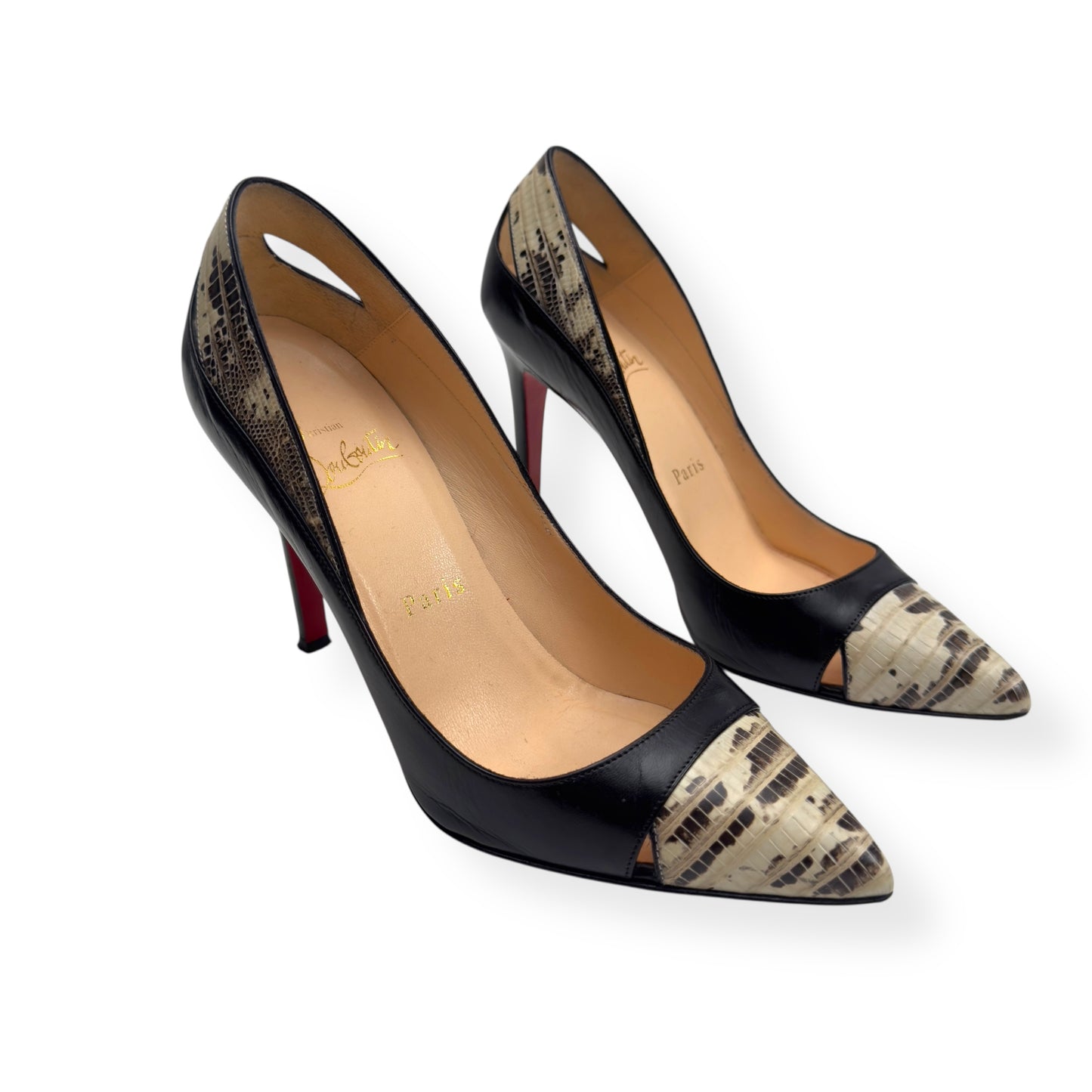 CHRISTIAN LOUBOUTIN PIGALLE WATER SNAKE TOE CAP CUT OUT PUMPS BLACK 36 / UK3