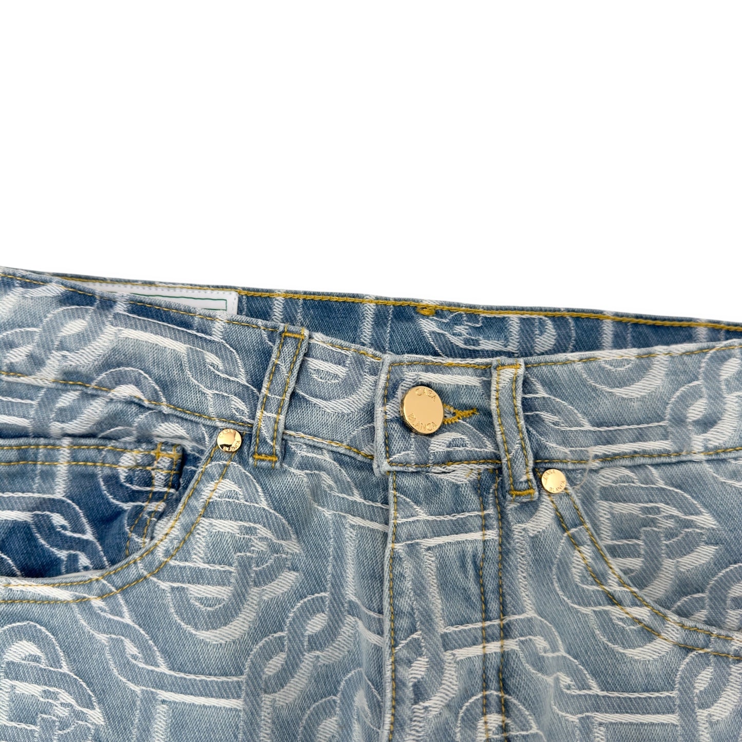 CASABLANCA BLEACHED MONOGRAM STRAIGHT-LEG DENIM JEANS BLUE W26”