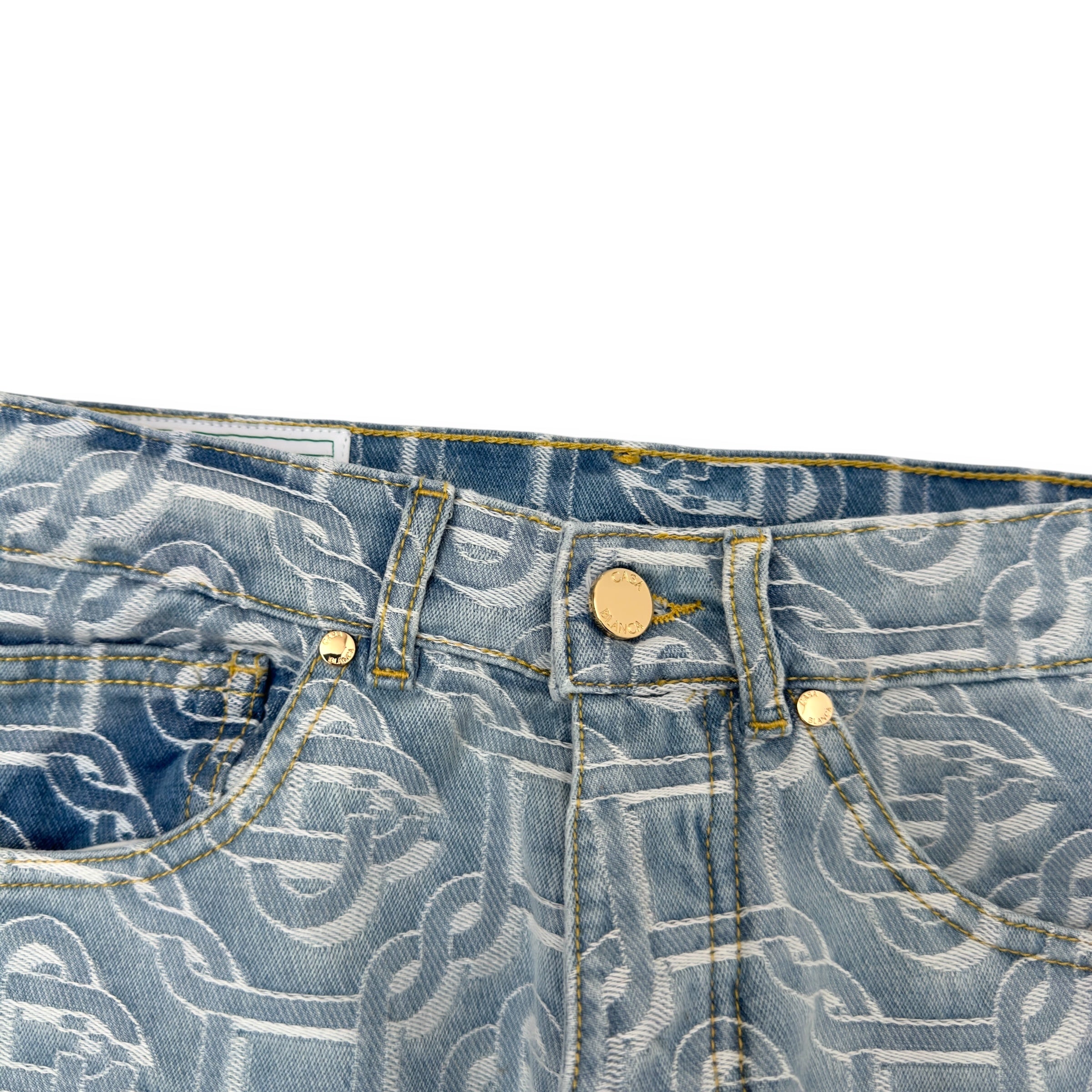 CASABLANCA BLEACHED MONOGRAM STRAIGHT-LEG DENIM JEANS BLUE W26”