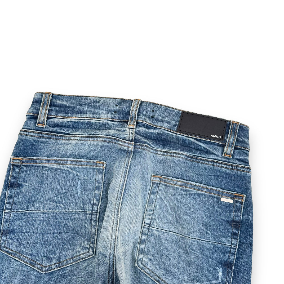 AMIRI MX1 DISTRESSED LEATHER PATCH DENIM JEANS BLUE 30W