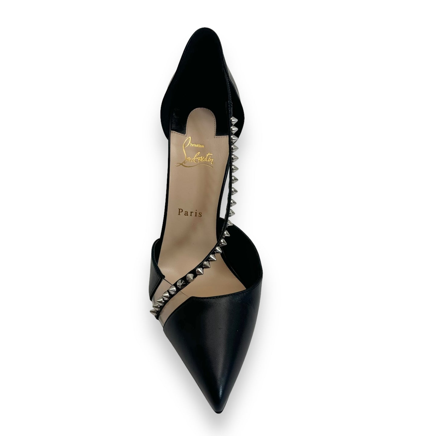 CHRISTIAN LOUBOUTIN LEATHER SPIKE CROSS HEELS BLACK UK8.5