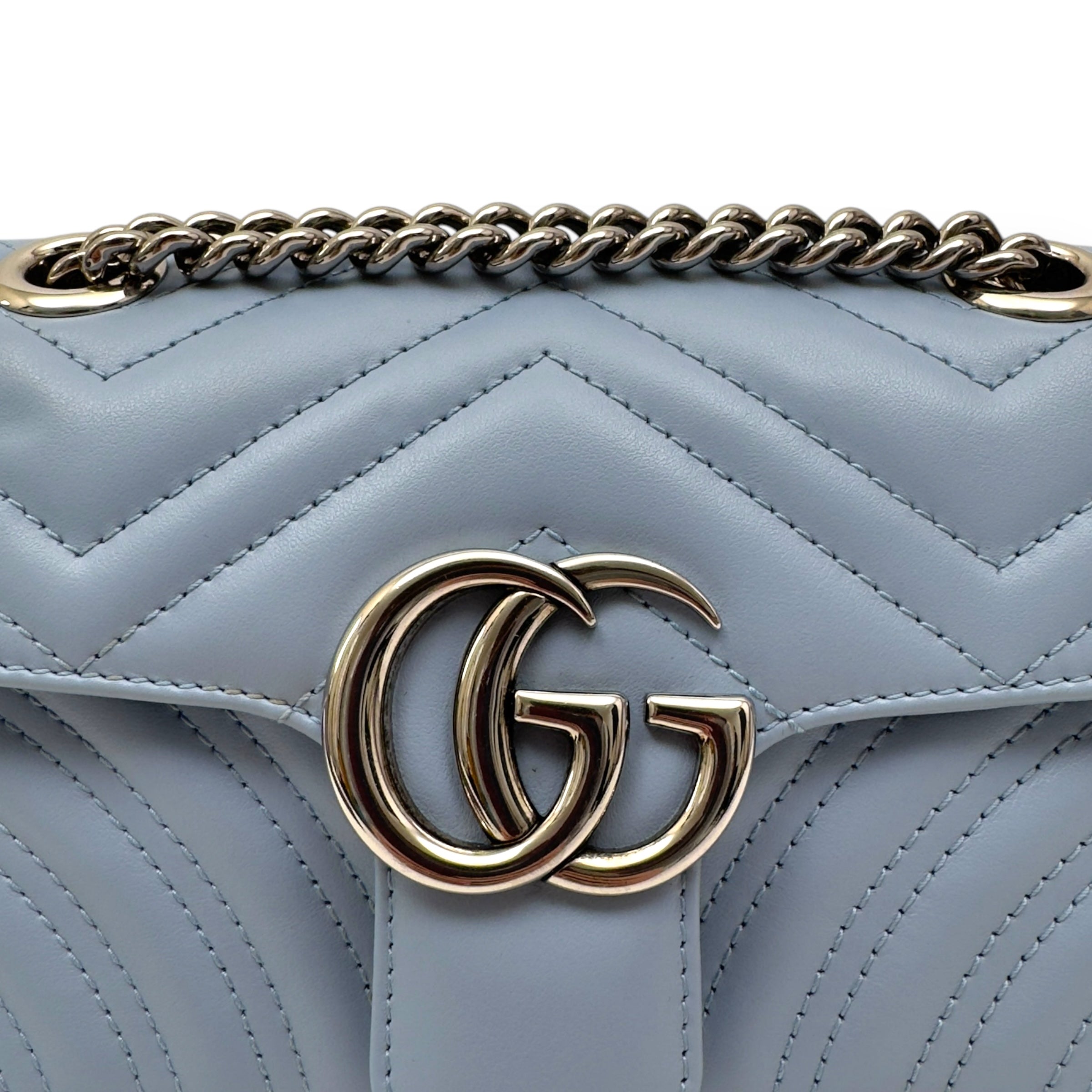 GUCCI CALFSKIN MATELASSE MINI GG MARMONT SHOULDER BAG BLUE