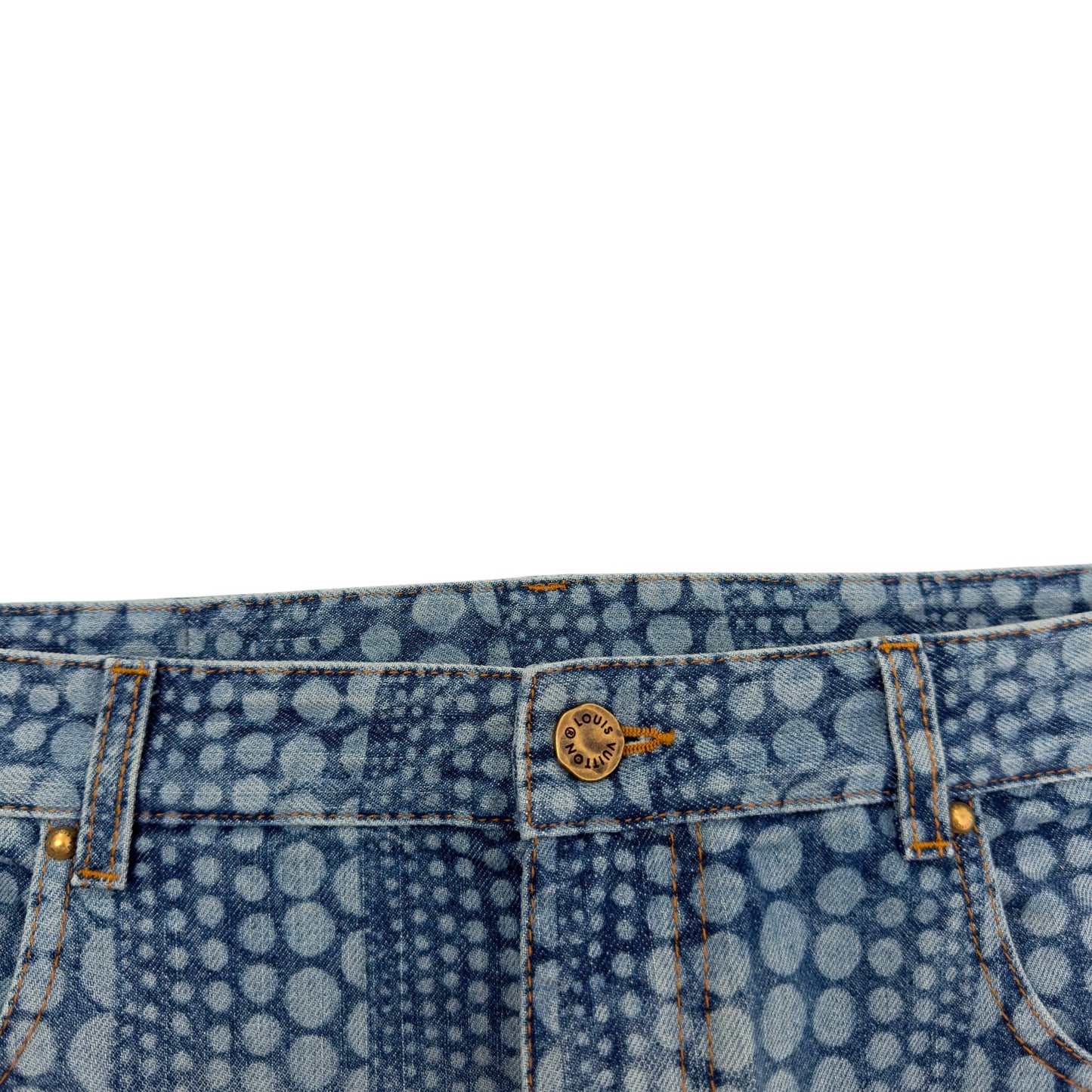 LOUIS VUITTON X YAYOI KUSAMA ALL OVER PUMPKIN GRAPHIC PRINT DENIM JEANS INDIGO W34” / L