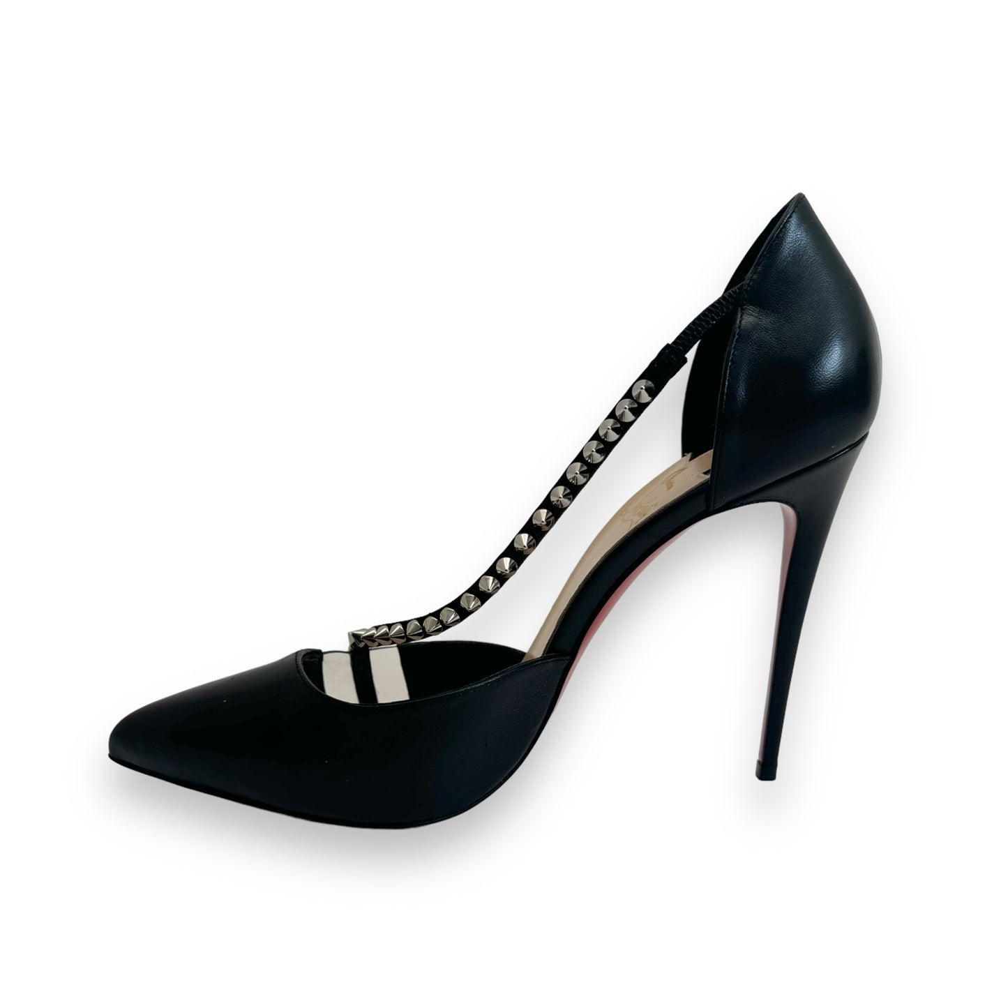 CHRISTIAN LOUBOUTIN LEATHER SPIKE CROSS HEELS BLACK UK8.5