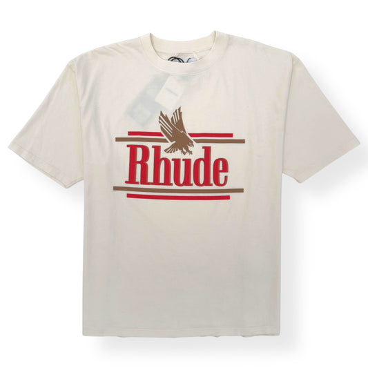 RHUDE ROSSA LOGO PRINT COTTON T-SHIRT BEIGE / RED L