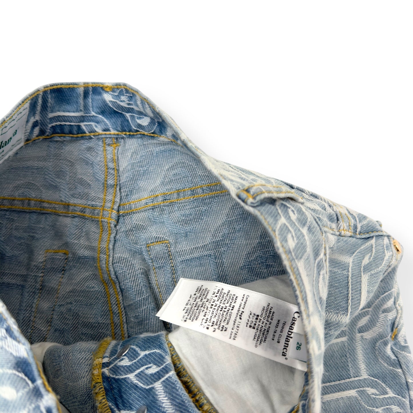 CASABLANCA BLEACHED MONOGRAM STRAIGHT-LEG DENIM JEANS BLUE W26”