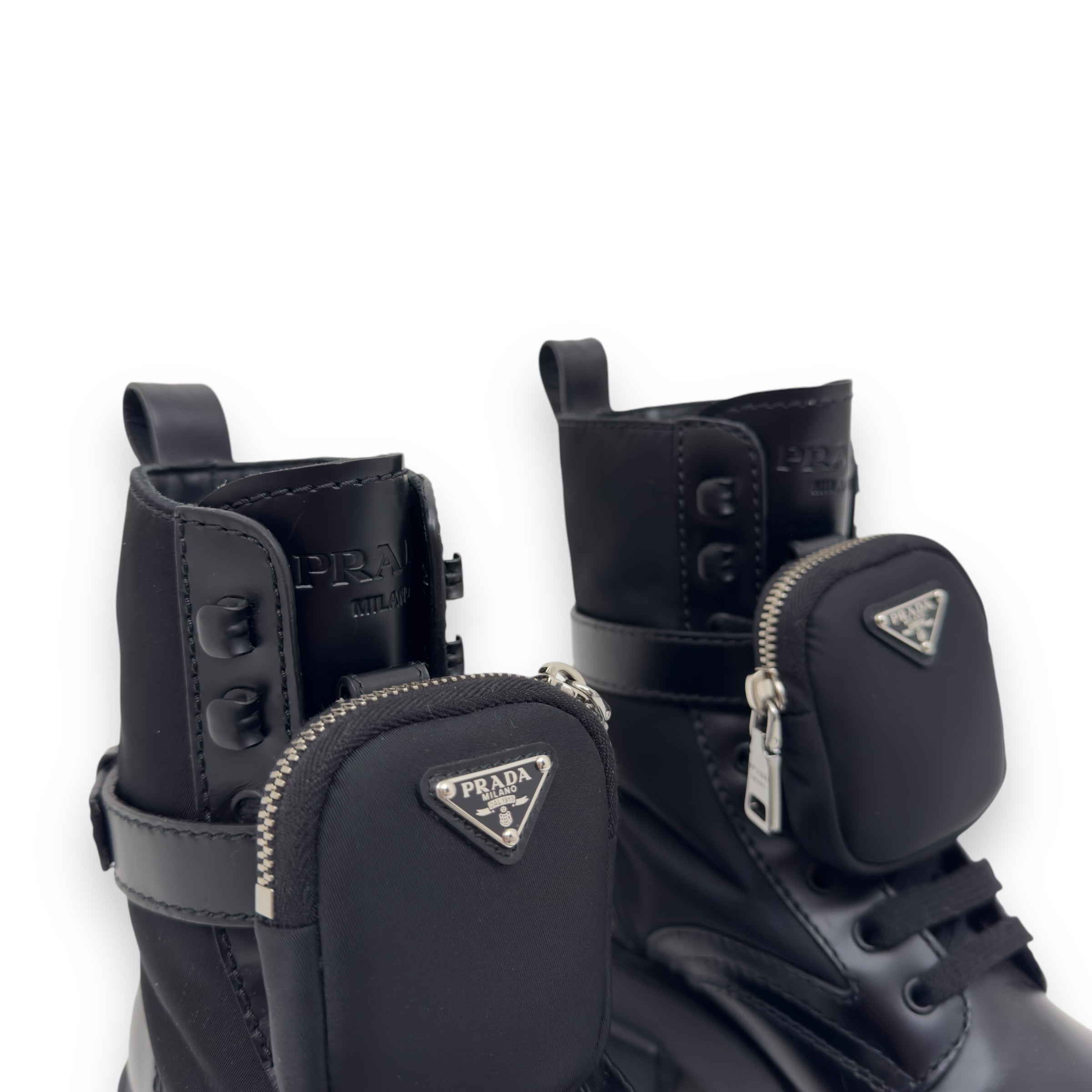 PRADA MONOLITH BRUSHED LEATHER AND RE-NYLON  LACE-UP BLACK BOOTS UK6