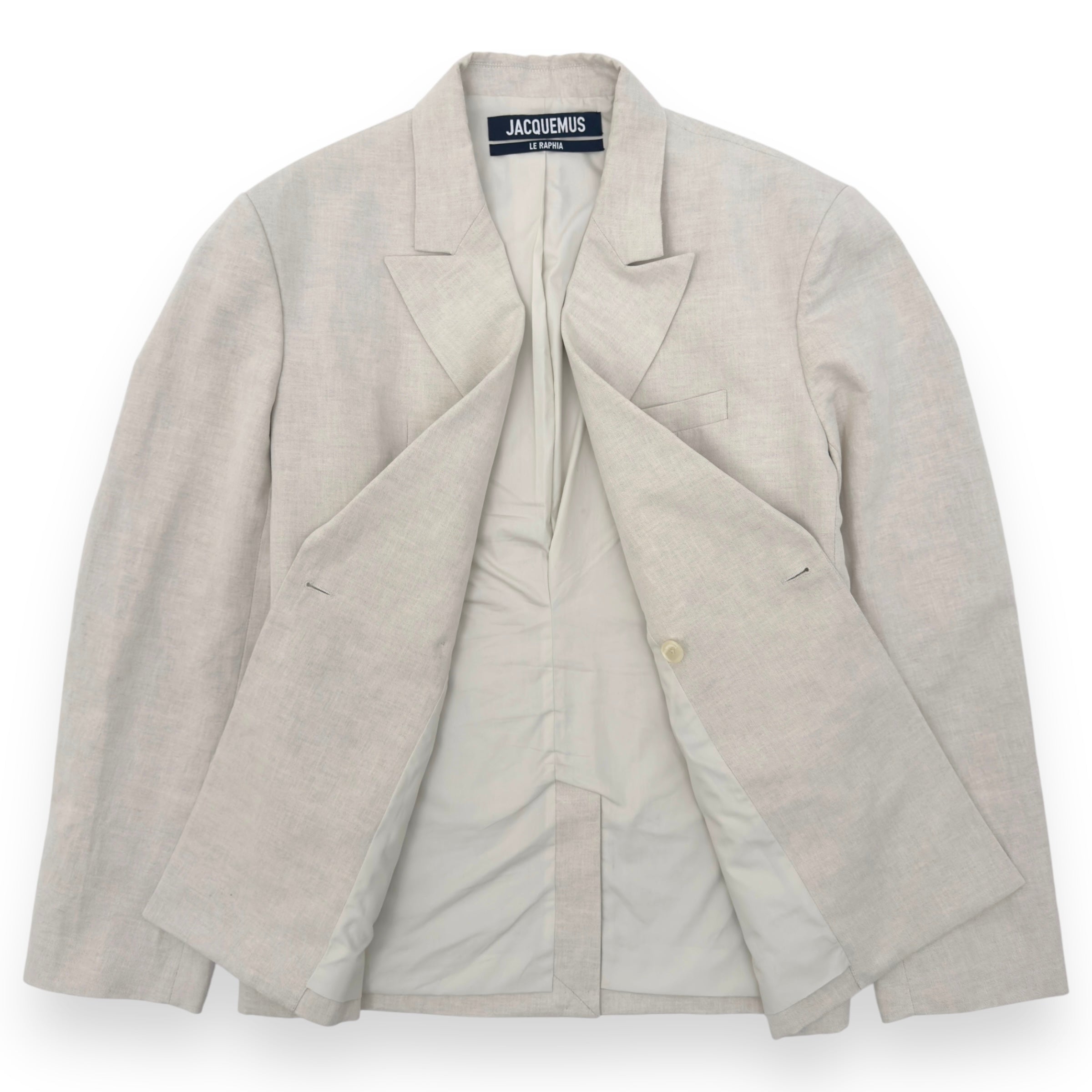 JACQUEMUS LE RAPHIA DOUBLE BREASTED LINEN BLEND JACKET GREY 54 / XXL