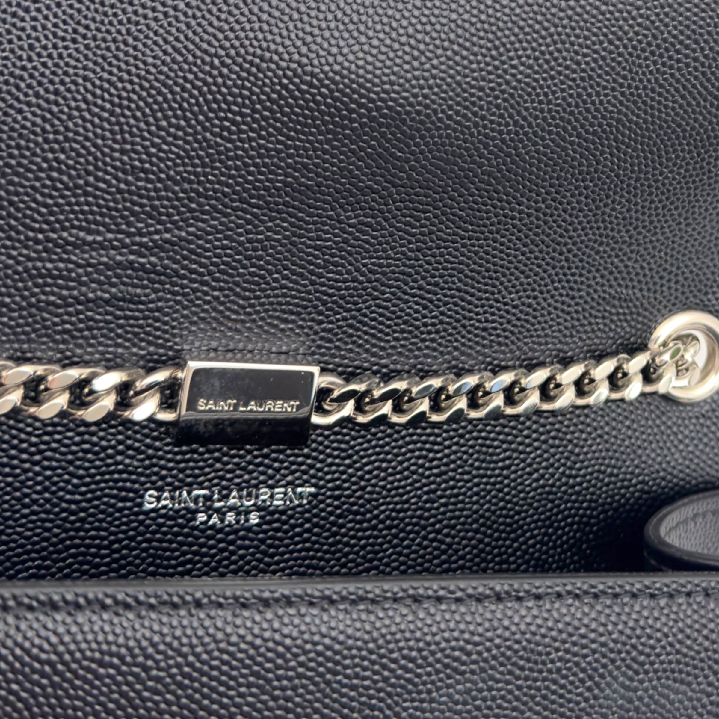 SAINT LAURENT KATE TASSEL GRAINED LEATHER SHOULDER BAG BLACK WITH SILVER STRAP S