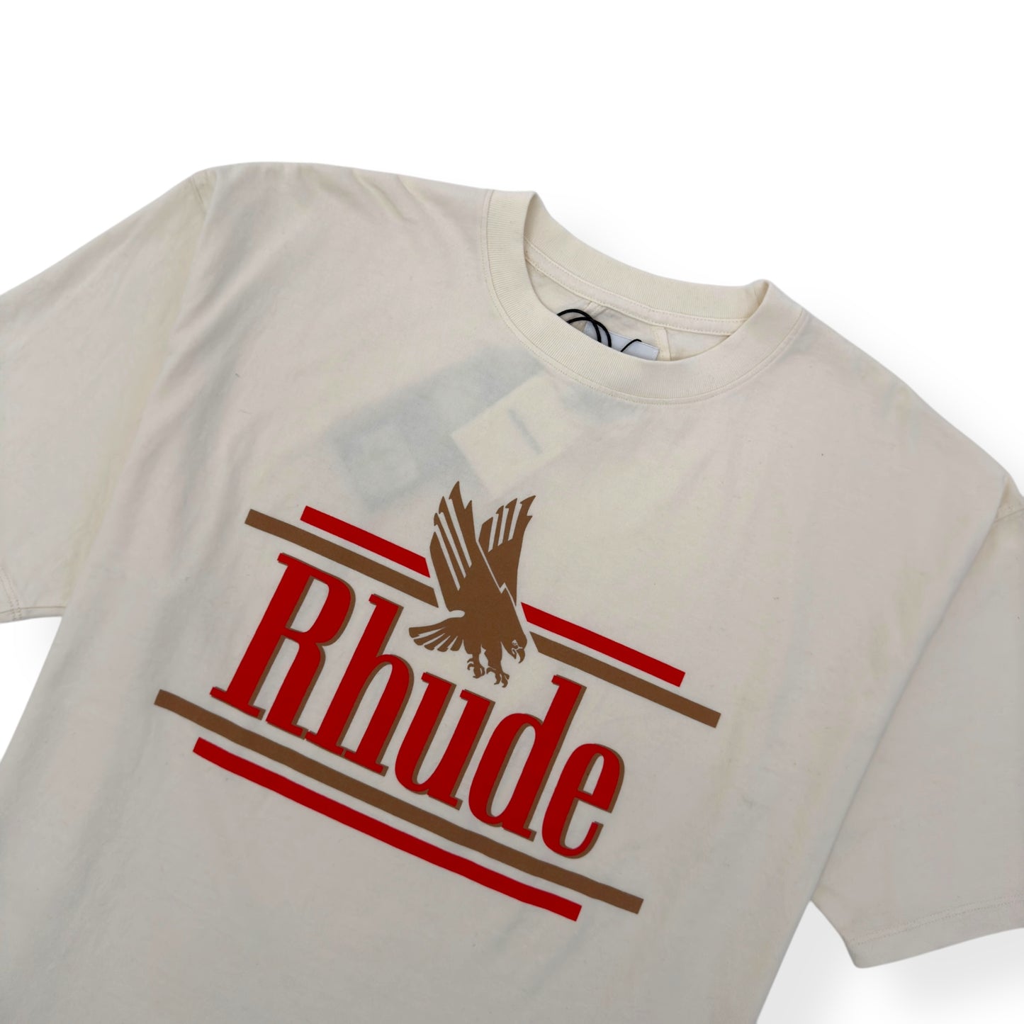 RHUDE ROSSA LOGO PRINT COTTON T-SHIRT BEIGE / RED L