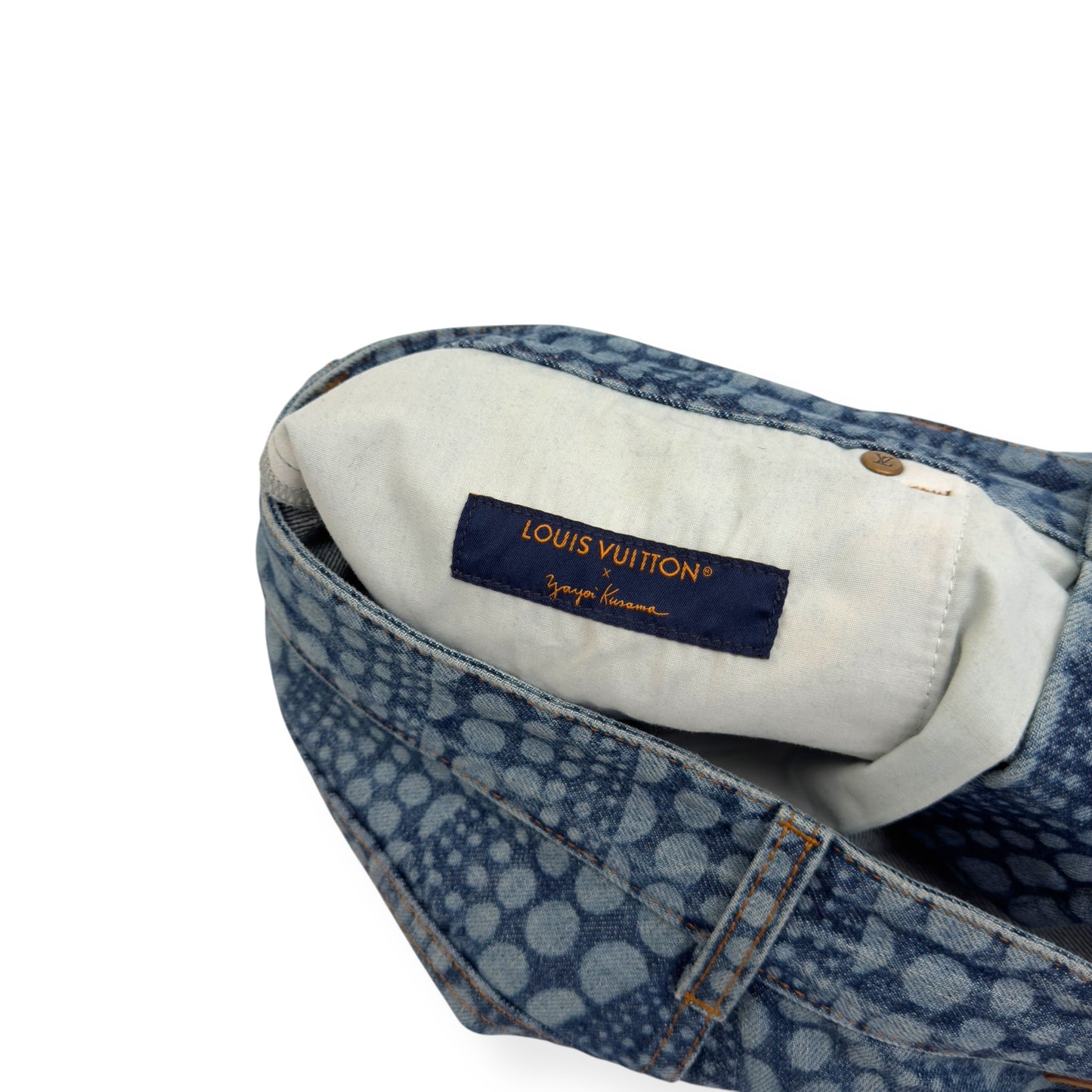 LOUIS VUITTON X YAYOI KUSAMA ALL OVER PUMPKIN GRAPHIC PRINT DENIM JEANS INDIGO W34” / L