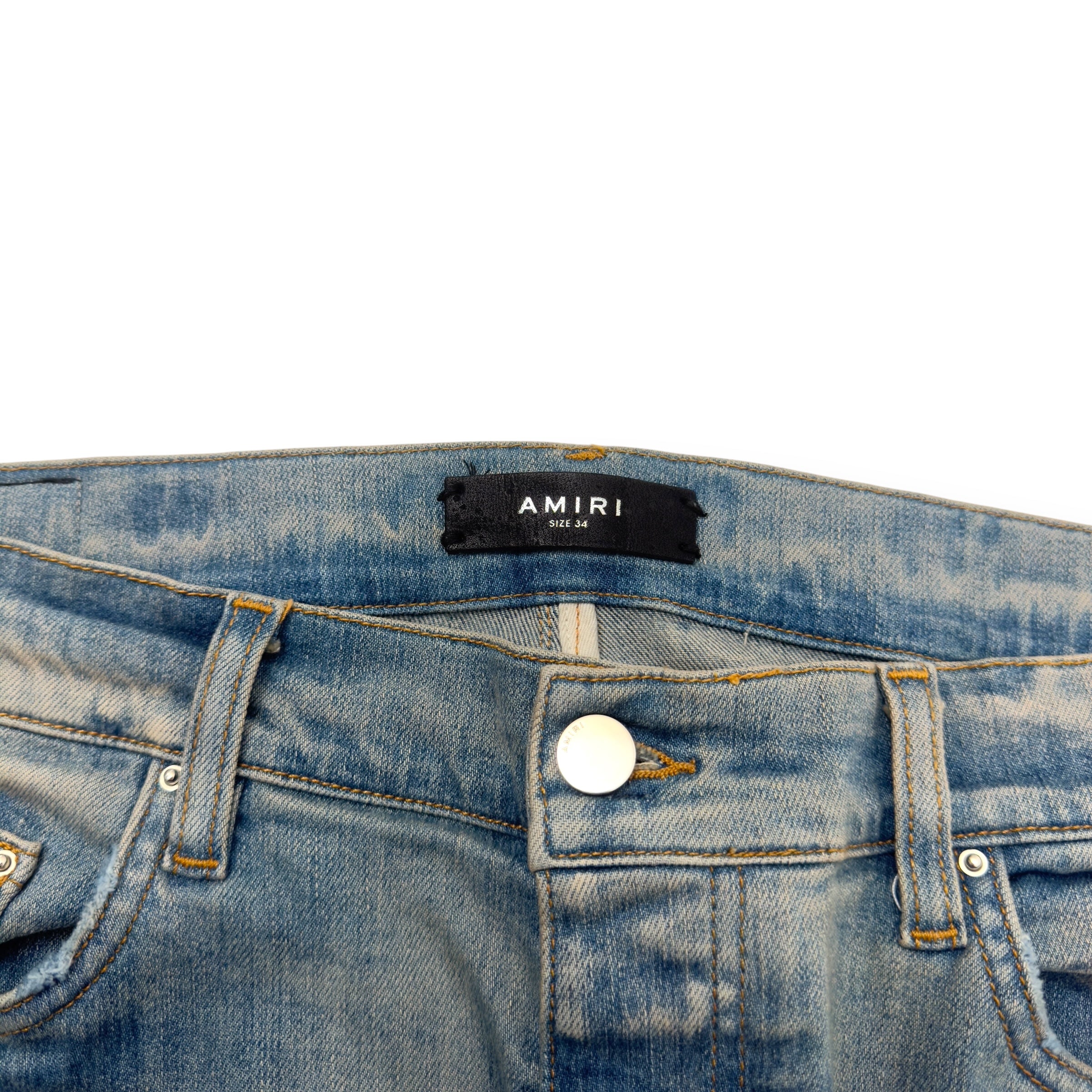 AMIRI SERIF LOGO EMBROIDERED BANDANA SKINNY DENIM JEANS BLUE W34”