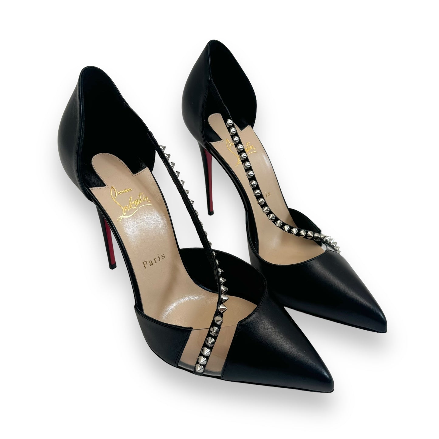 CHRISTIAN LOUBOUTIN LEATHER SPIKE CROSS HEELS BLACK UK8.5