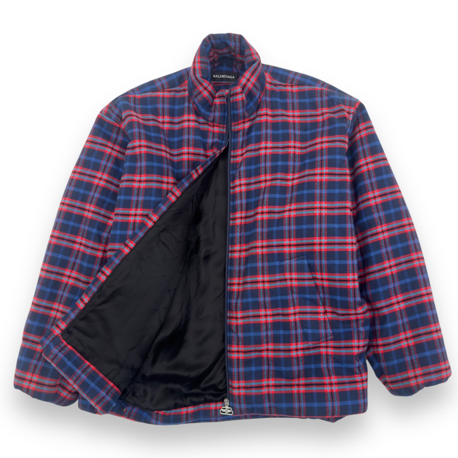 BALENCIAGA OVERSIZED COCOON FLANNEL PADDED JACKET BLUE BURGUNDY