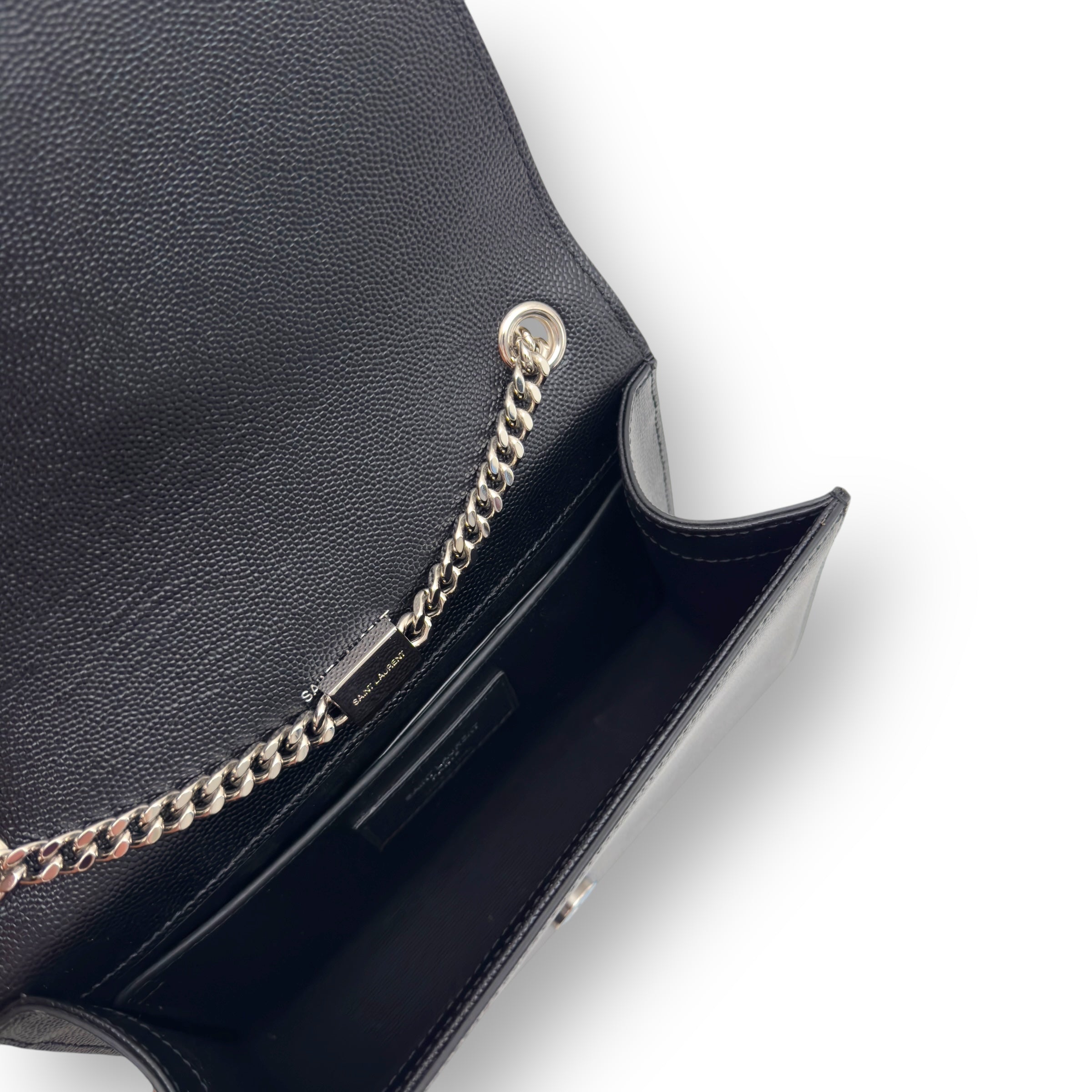SAINT LAURENT KATE TASSEL GRAINED LEATHER SHOULDER BAG BLACK WITH SILVER STRAP S