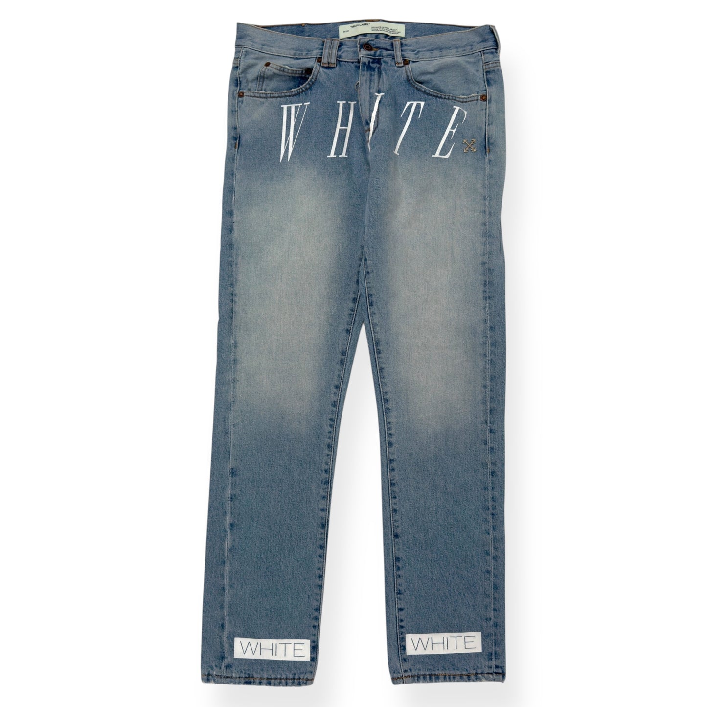 OFF-WHITE BLEACHED DENIM JEANS BLUE / WHITE W34”