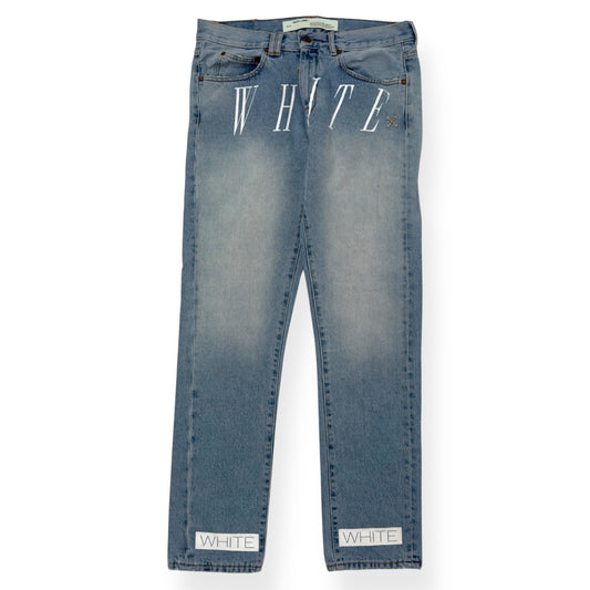 OFF-WHITE BLEACHED DENIM JEANS BLUE / WHITE W34”