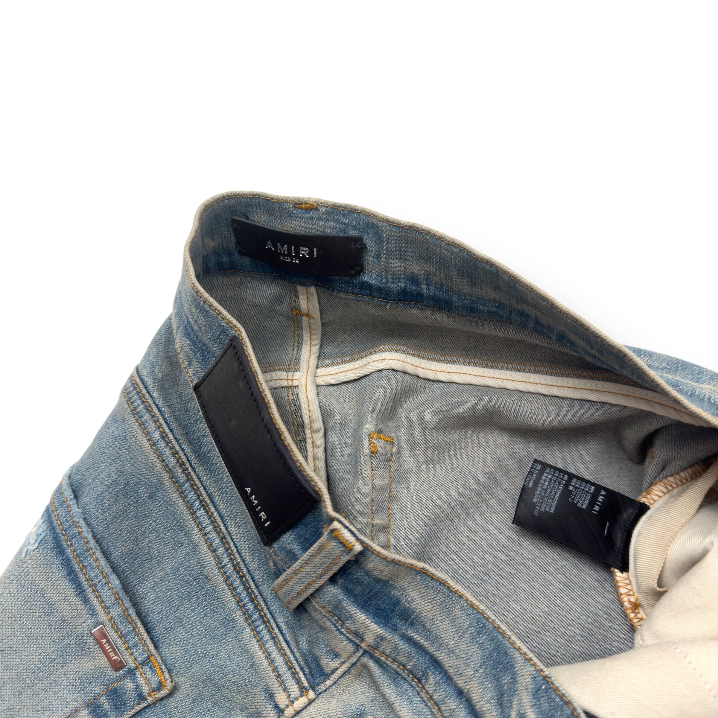 AMIRI SERIF LOGO EMBROIDERED BANDANA SKINNY DENIM JEANS BLUE W34”