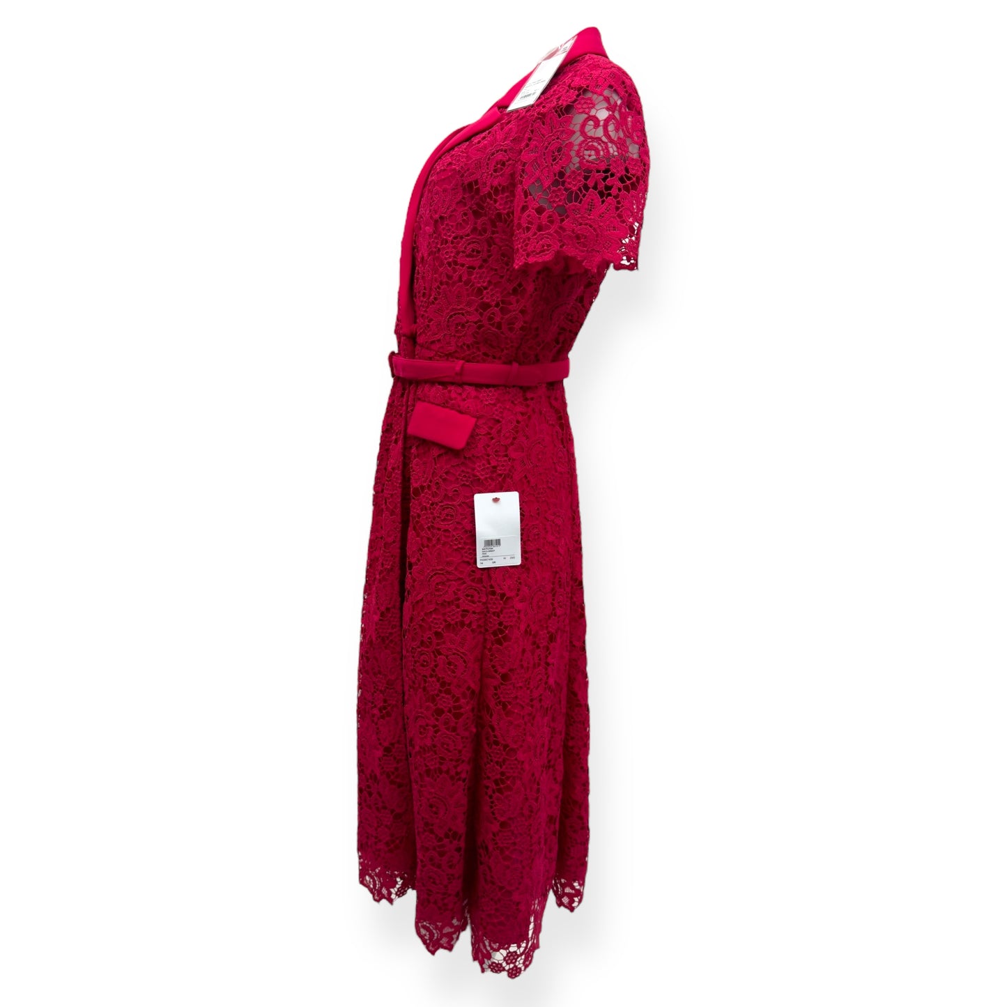 SELF-PORTRAIT BELTED CREPE-TRIMMED CORDED LACE MIDI DRESS PINK UK14