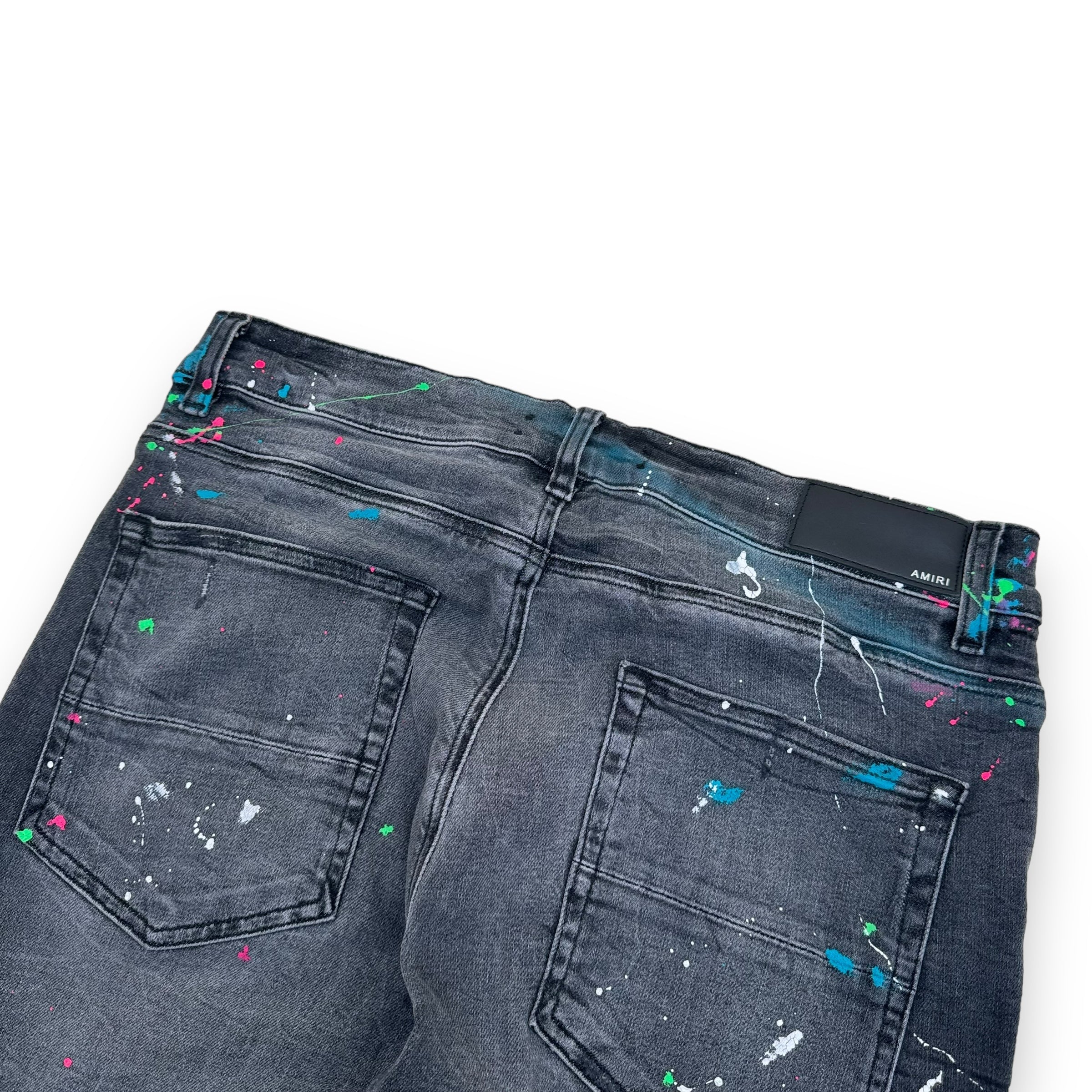 AMIRI PAINT SPLATTER MX1 DISTRESSED DENIM JEANS BLACK 34W