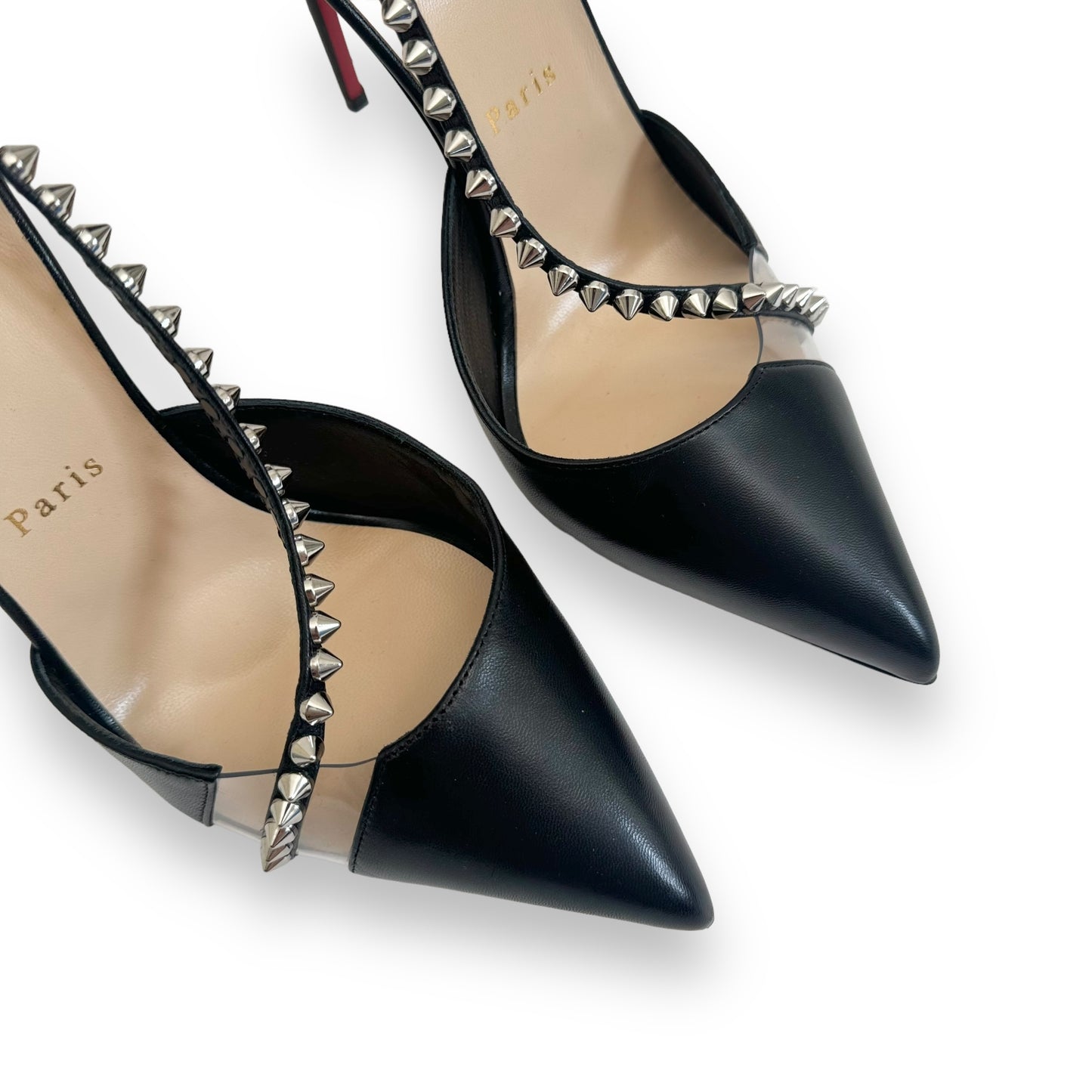 CHRISTIAN LOUBOUTIN LEATHER SPIKE CROSS HEELS BLACK UK8.5