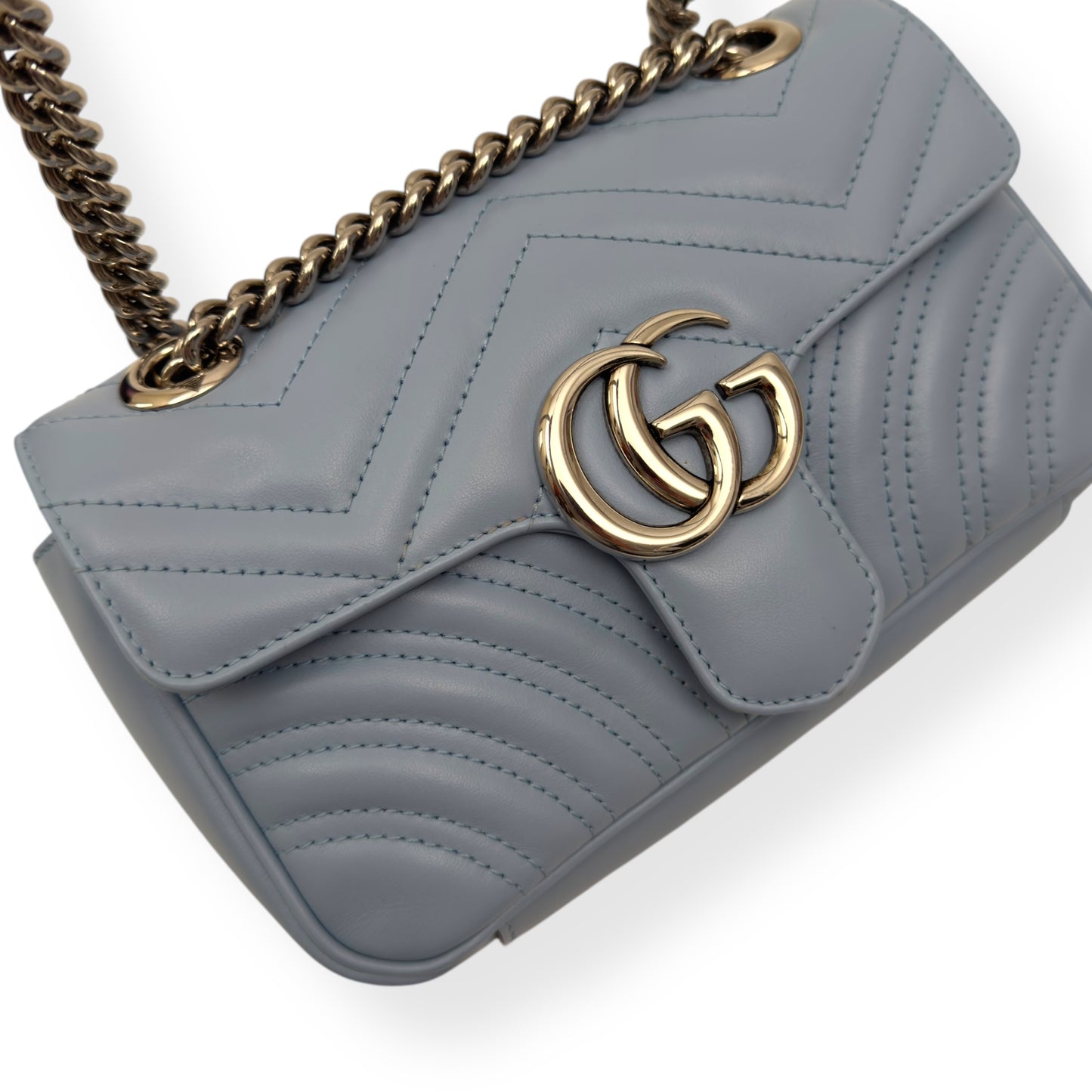 GUCCI CALFSKIN MATELASSE MINI GG MARMONT SHOULDER BAG BLUE