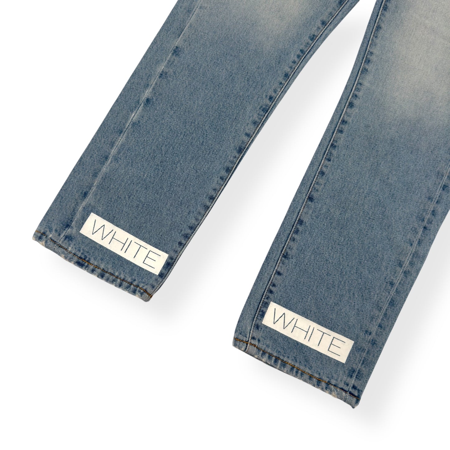 OFF-WHITE BLEACHED DENIM JEANS BLUE / WHITE W34”