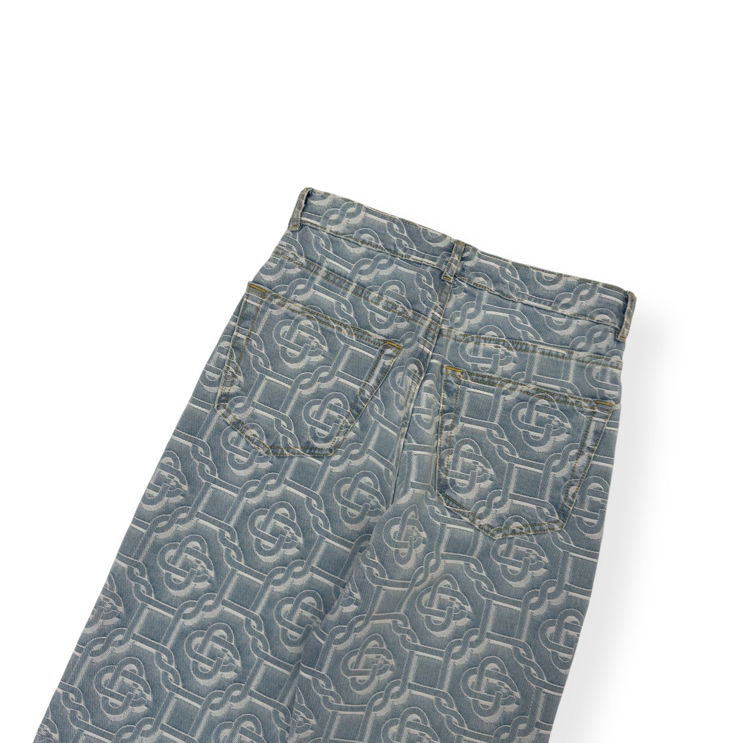 CASABLANCA BLEACHED MONOGRAM STRAIGHT-LEG DENIM JEANS BLUE W26”