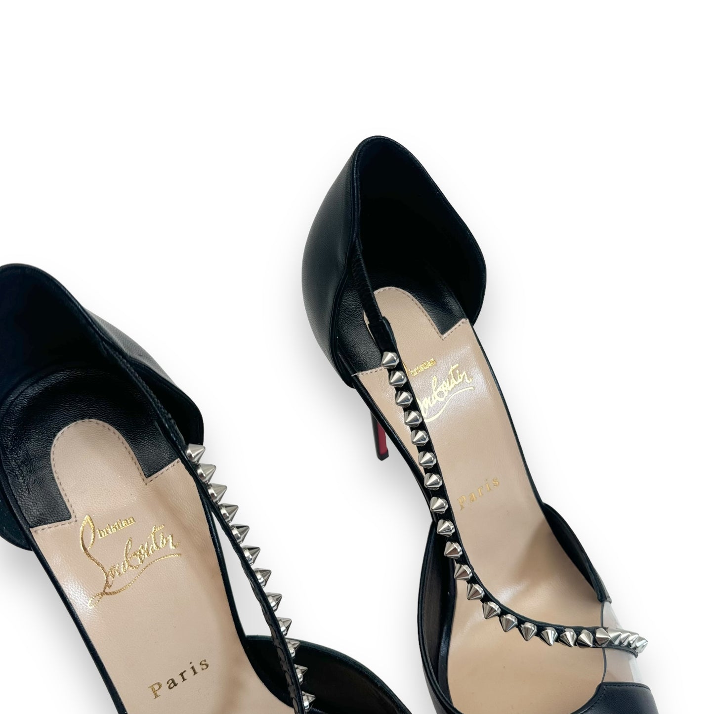 CHRISTIAN LOUBOUTIN LEATHER SPIKE CROSS HEELS BLACK UK8.5