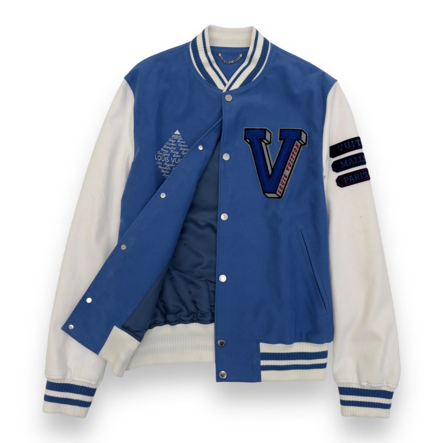 LOUIS VUITTON X FRAGMENT SS17 LV VARSITY JACKET BLUE / WHITE L