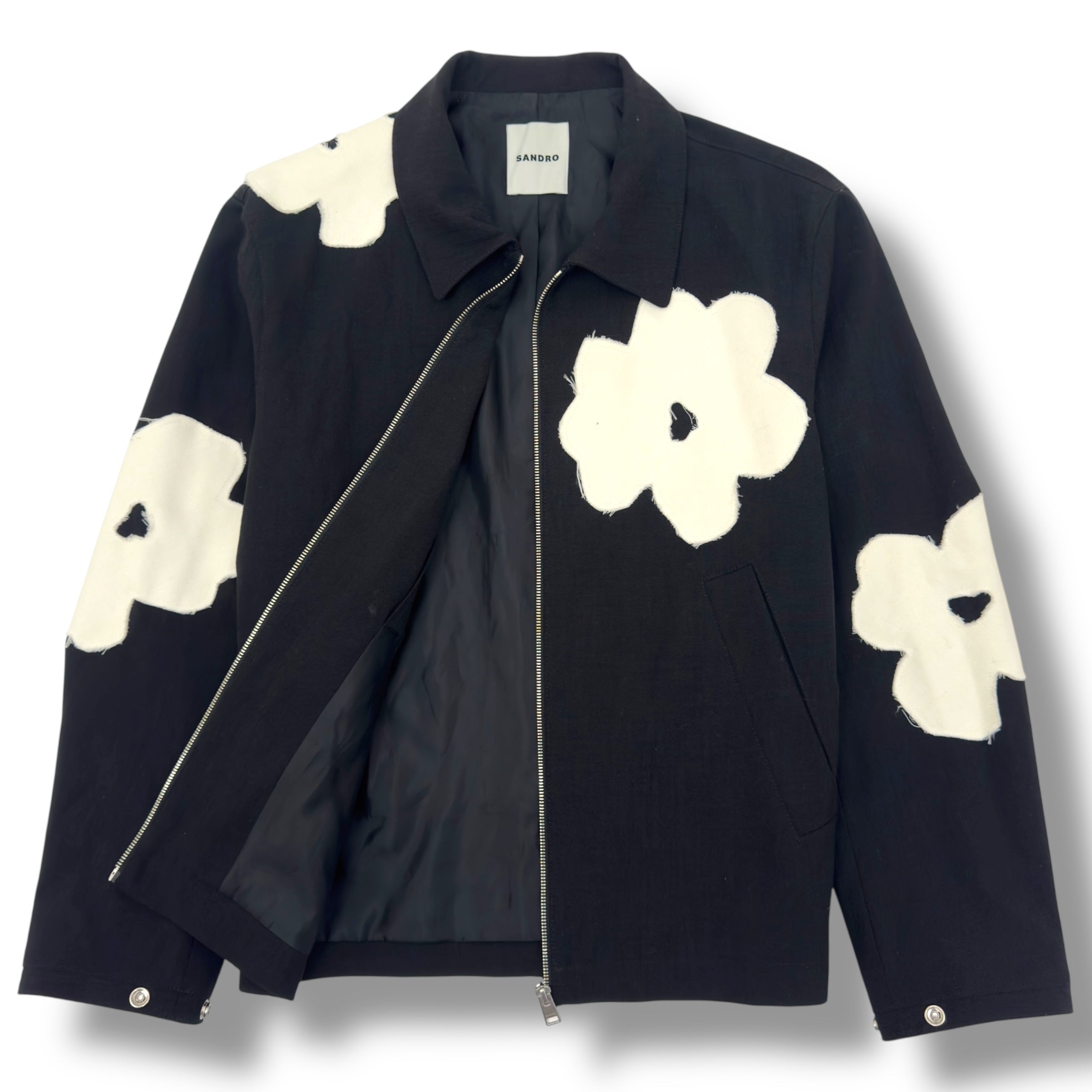 SANDRO PARIS FLOWER MOTIF ZIP UP JACKET BLACK / WHITE M