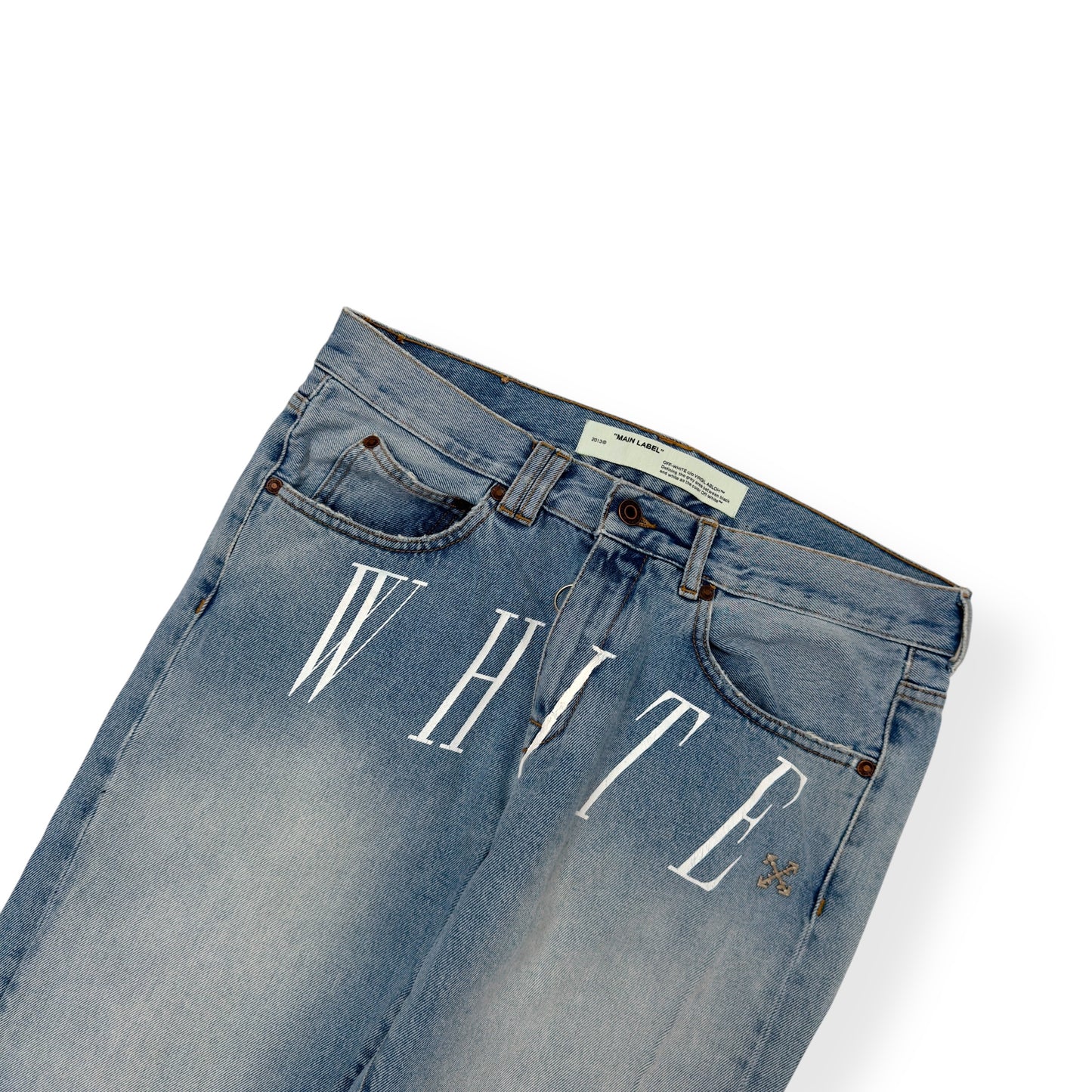 OFF-WHITE BLEACHED DENIM JEANS BLUE / WHITE W34”